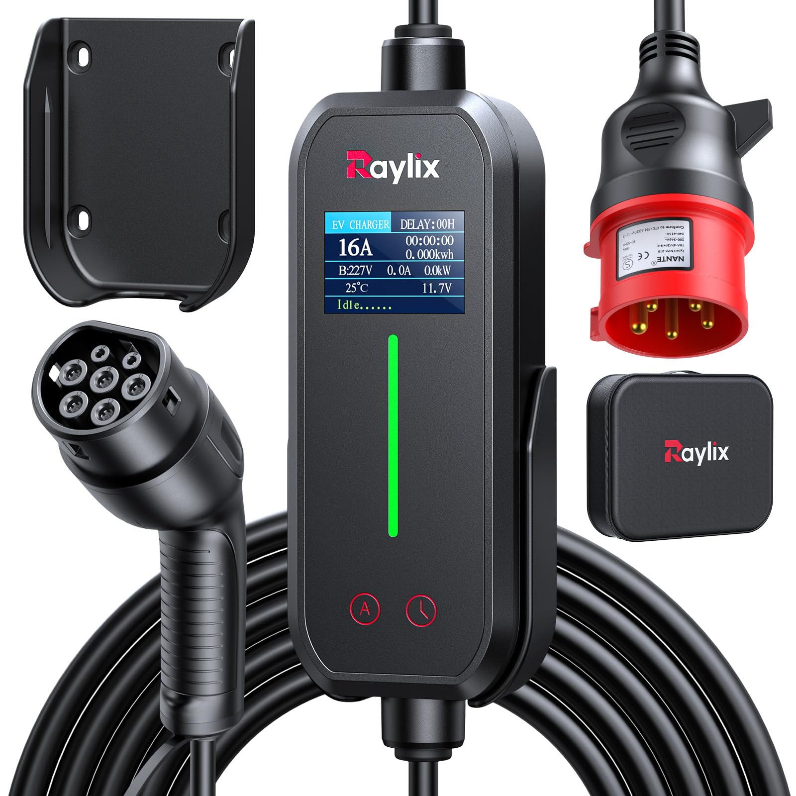 Raylix 2026 Neu 11kW Mobile Wallbox Typ 2 Ladekabel (7m 6A-16A 3-Phasig) mit Stromzähler & Einstellbarem Strom & Verzögertem Laden, Ladekabel CEE 16A auf Typ 2 und Ladestation Ladeziegel EV Charger