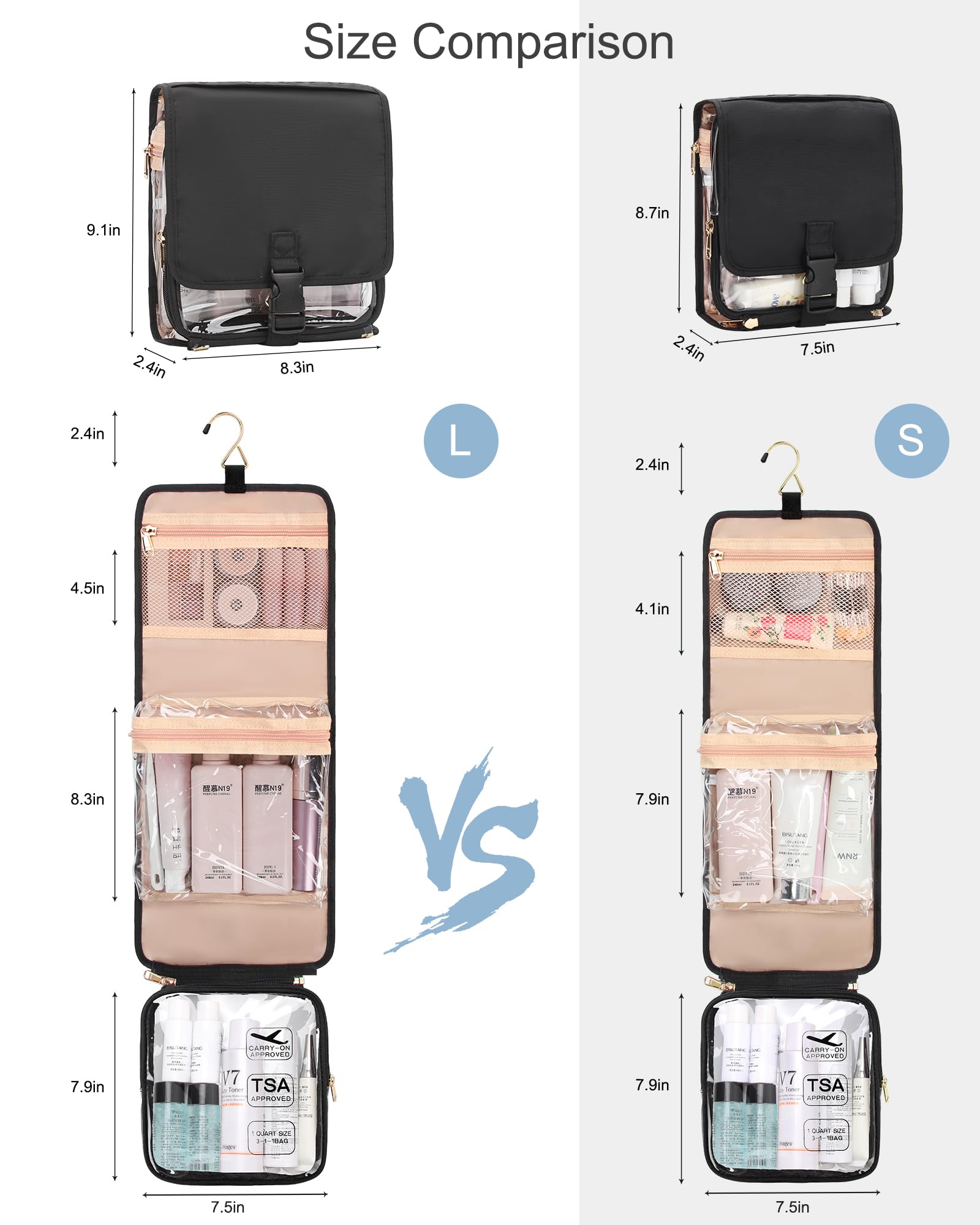 Relavel Travel Toiletry Bag for women with Detachable TSA Approved Toiletry Bag, Compact Hanging toiletry bag with Small Carry On 3-1-1 Clear Waterproof Travel Bags for Toiletries (M Black, A Small)