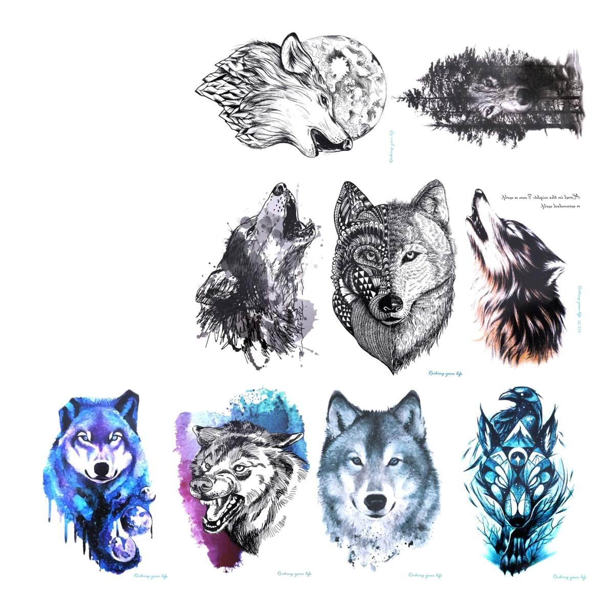 Konsait 9 Sheet Wolf Temporary Tattoo Sticker for Adult Women Men Fashion Body Art Waterproof Temporary Tattoo Fake Tattoo Arm Hand Back, 21X15cm