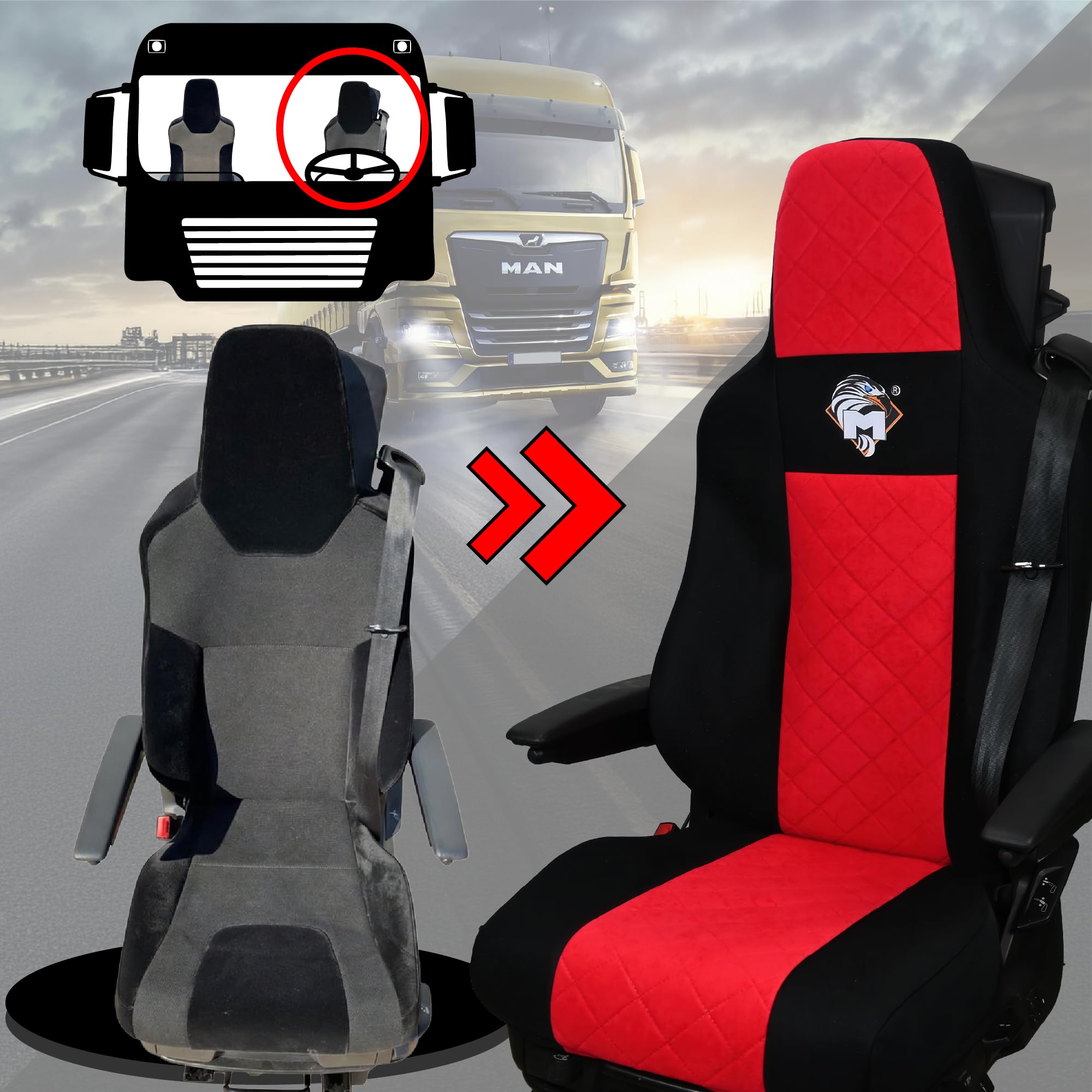 SABA Funda de Asiento para Man TGX Desde 2020 1-Rieme, Rojo | Accesorio de camión para protector de asiento - funda de asiento resistente para asientos delanteros