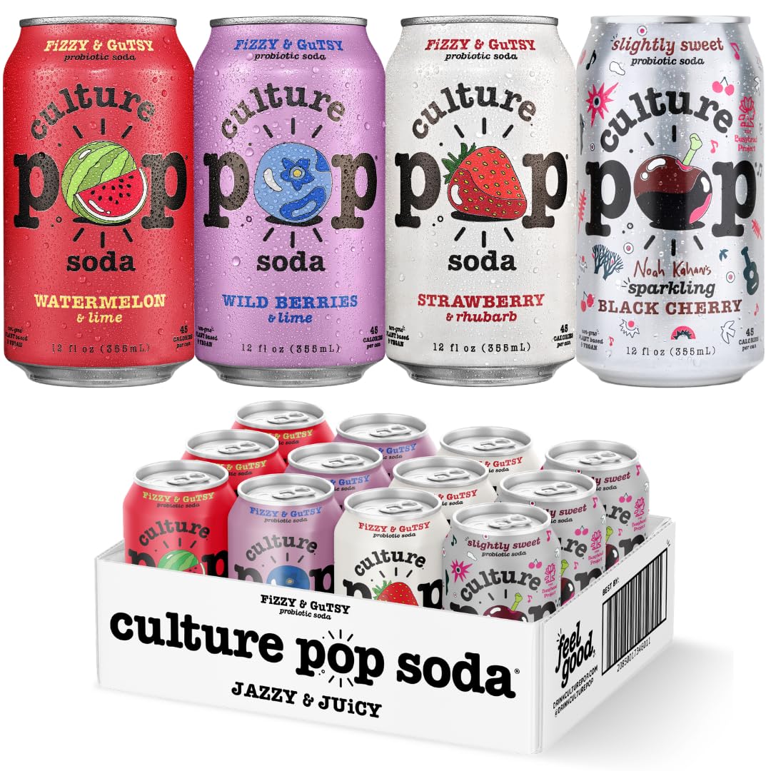 Culture Pop Soda, Jazzy & Juicy Variety Pack, Probiotic Low Sugar Soda, Sparkling Juice Alternative, Non-GMO, Kosher, Gluten-Free, No Stevia (Multipack, 12ct, 144 fl oz)