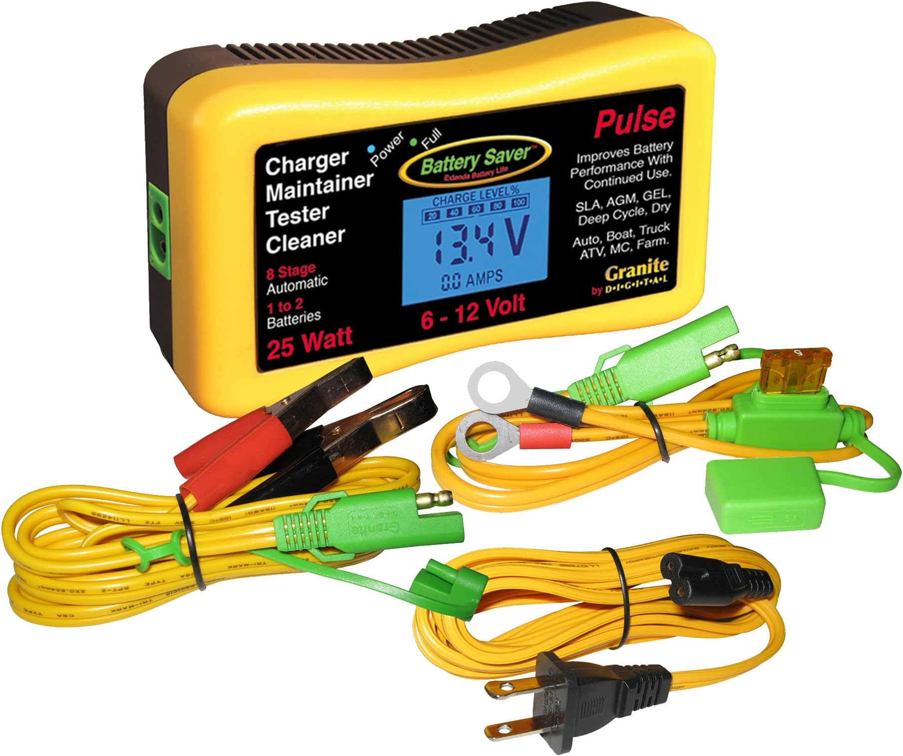Premium 6 & 12 Volt 25W Pulse Charger, Maintainer & Tester (Gen. 3), Yellow, Black (3015L-G3)