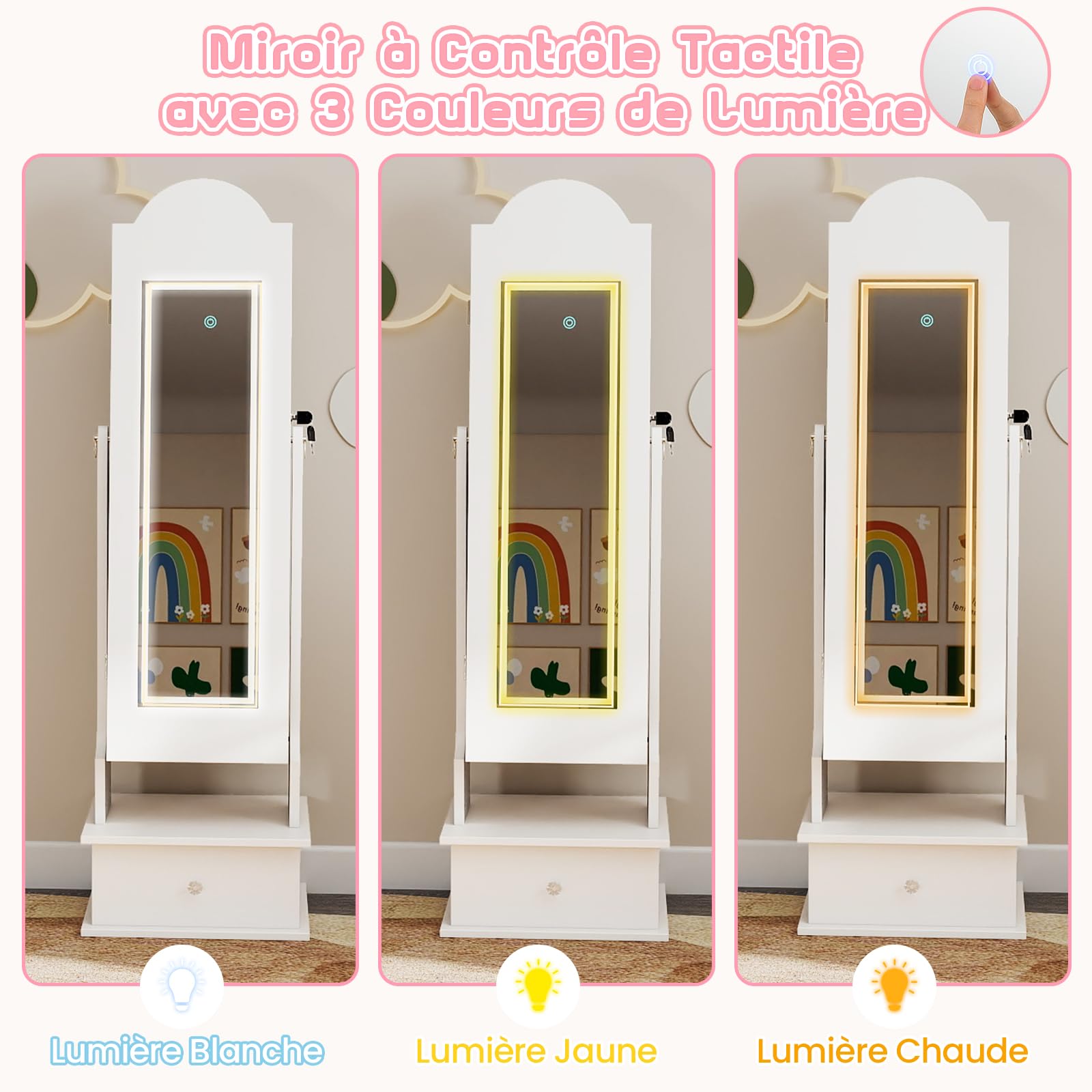 COSTWAY Armoire à Bijoux Enfant avec Miroir Éclairé et Tiroir, Organisateur de Bijoux en Forme Nuage avec Dispositif Anti-basculement, 2 Angles d'Inclinaison, Miroir Pleine Longueur, 3 Ans+ (Blanc)