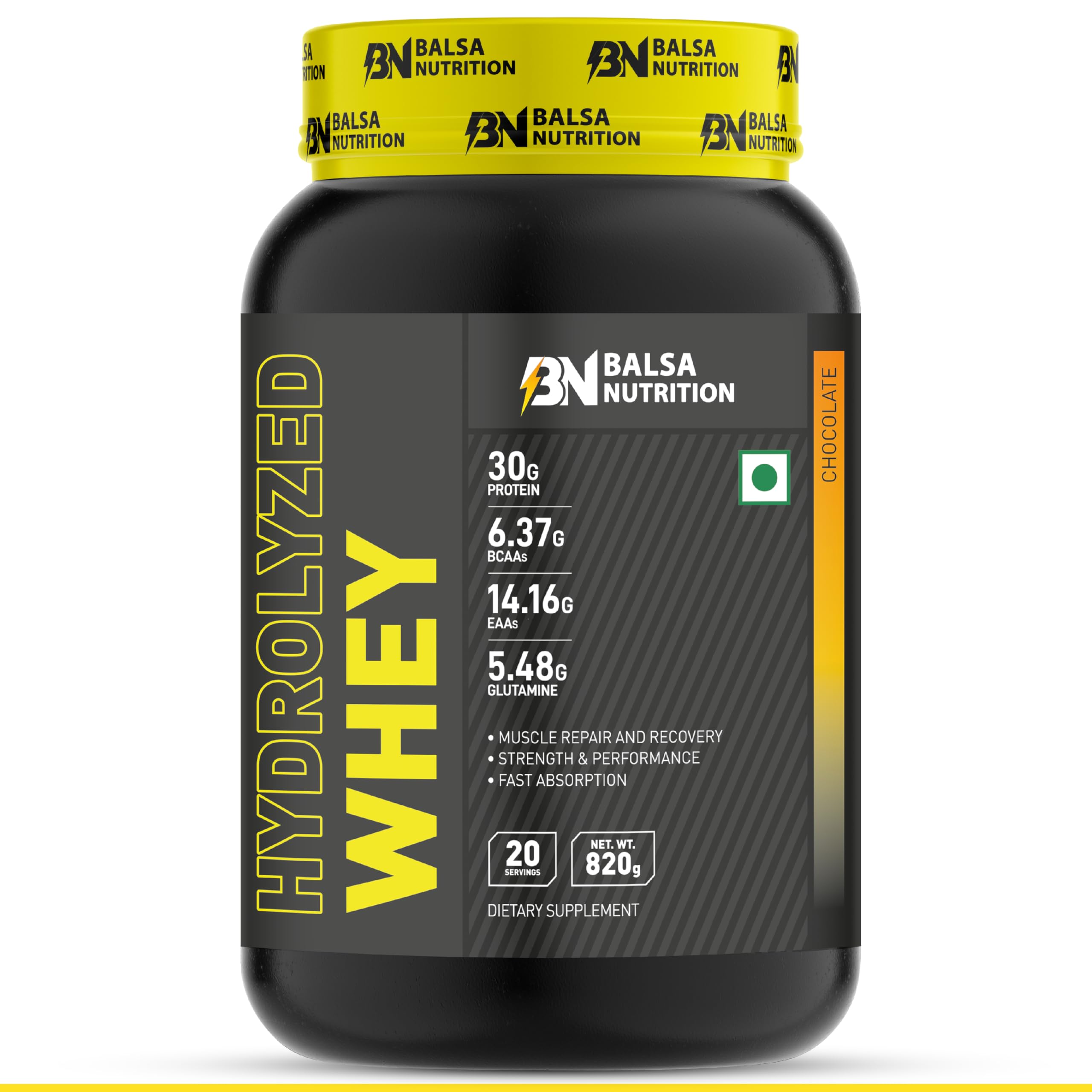 Balsa Nutrition Hydrolyzed Whey Protein Powder 820g, 30 Grams of Protein for Muscle Support & Recovery, 100% Hydrolyzed Whey Protein Isolate with Amino Acids | Chocolate Flavour, 20 Servings