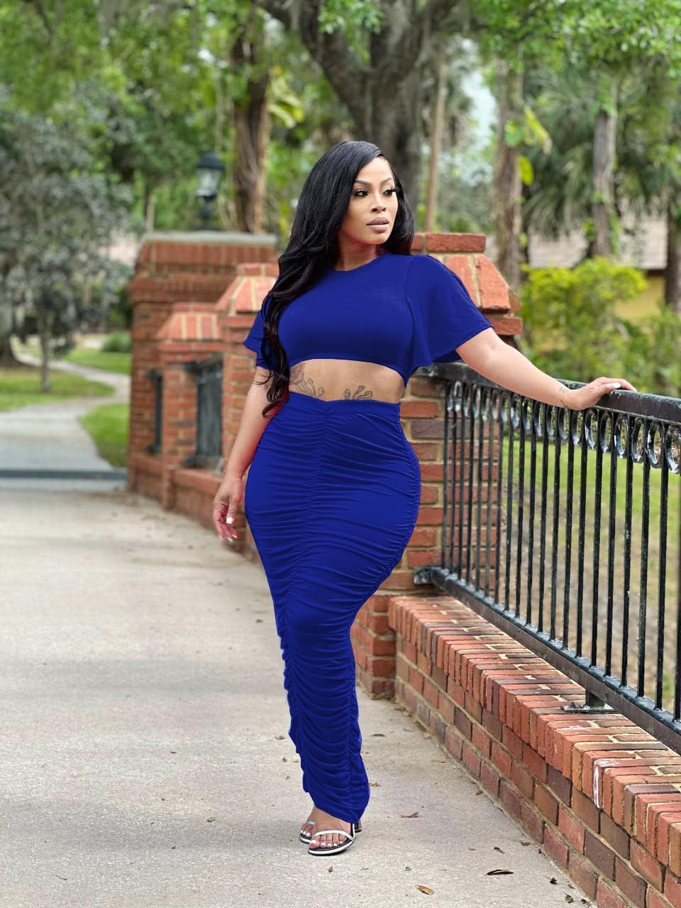 Women's 2 Piece Outfits Flare Sleeve Crop Tops Sexy Bodycon Jumpsuits Maxi Dresses Midi Ruched Skirt Sets - Image 4