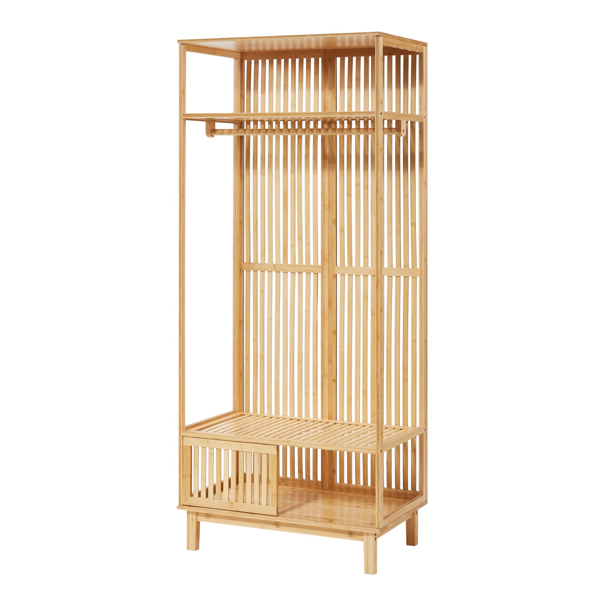 [en.casa] Perchero Burro Ypäjä con 1 Barra 2 Compartimentos Abiertos Burro Ropa con Puerta para Dormitorio Recibidor Oficina Ventilación Óptima Elegante Bambú 187 x 80 x 47cm - Color Natural
