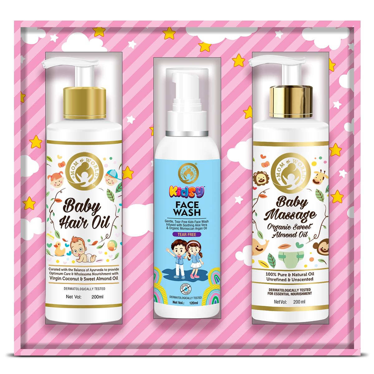 Mom & World Gift pack Baby hair oil + Baby massage almond oil + Kidsy face wash-image-47