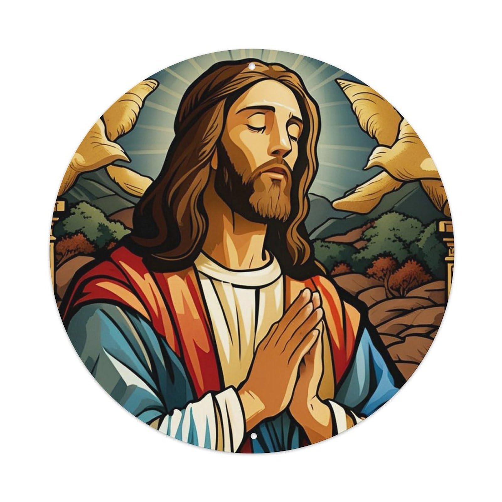 Christian Jesus Religious Poster 3 Vintage Metal Tin Sign Plaque Wall Decor for Cafe, Club, Garden Round Metal Poster 8x8Inch