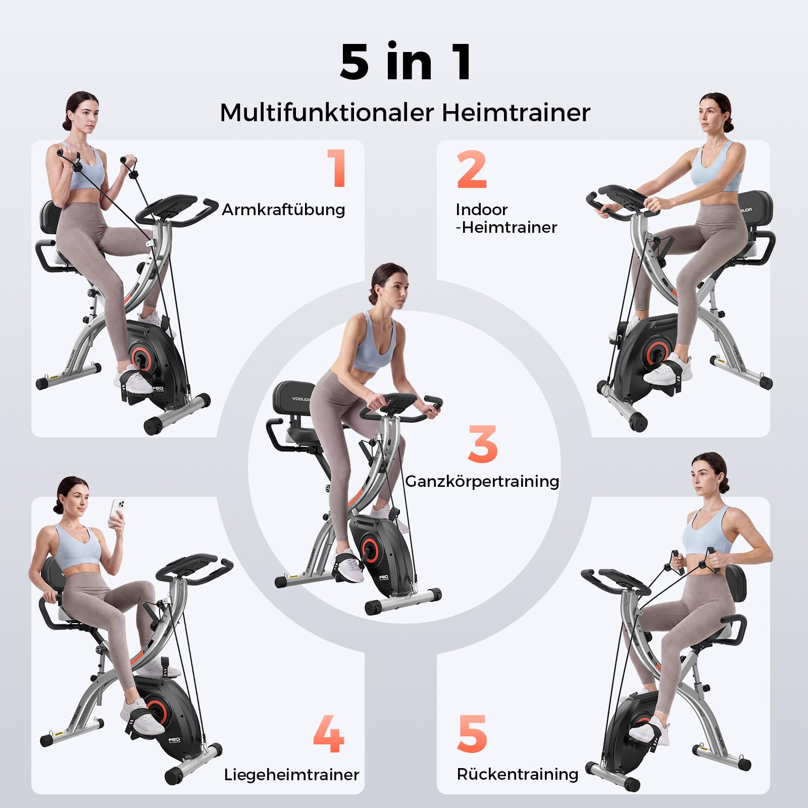 YOSUDA Neu 5-IN-1 Heimtrainer Fahrrad Klappbar, Hometrainer Fahrrad mit APP, Widerstandsbändern, Ergometer Heimtrainer Senioren mit Ergonomischem Sitz, 8/16 Leise Magnetwiderstand, Bis 150 KG