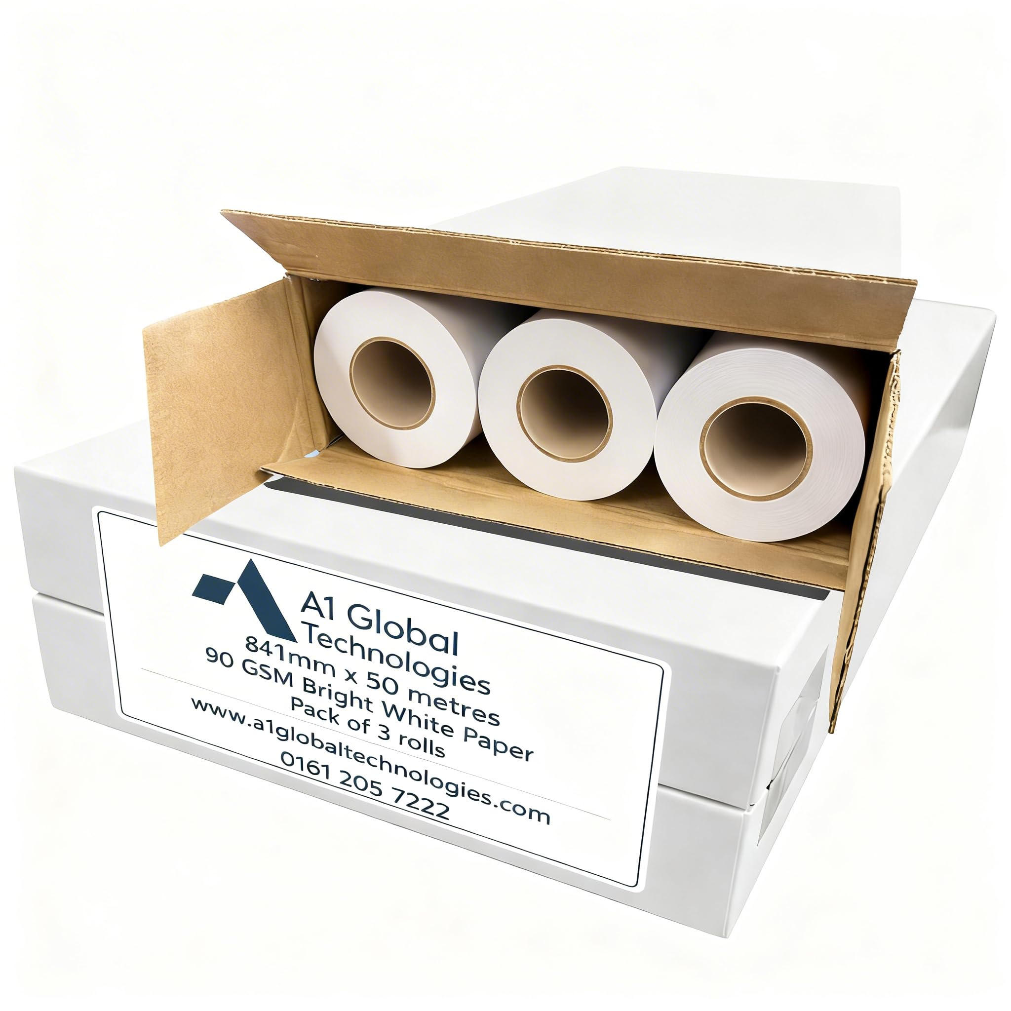 3 Rolls of Bright White Plotter Paper Rolls- 841 mm x 50 m, 90 gram A1 Drawing roll. A1 Paper. Large & Wide Format Paper. 84.1 cm x 50 metres. 90 GSM. Manchester Based. 30 Years Plotter Paper Trading