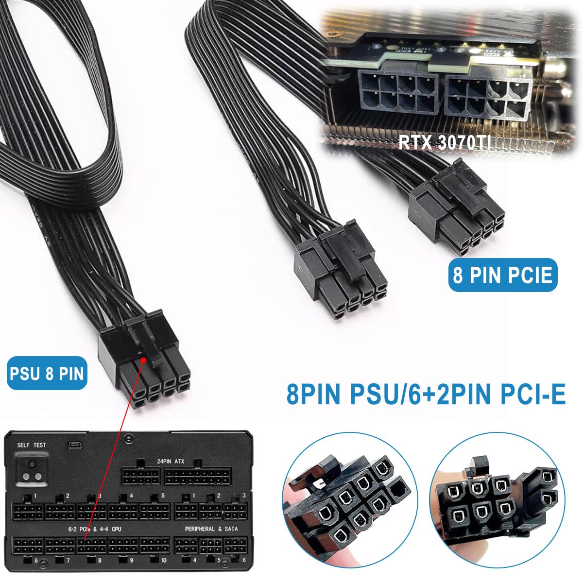 Cavo Di Prolunga Alimentazione PCIe 60cm 8 Pin A 6+2 Pin - Adattatore GPU Per Alimentatori Modulari Corsair, Thermaltake