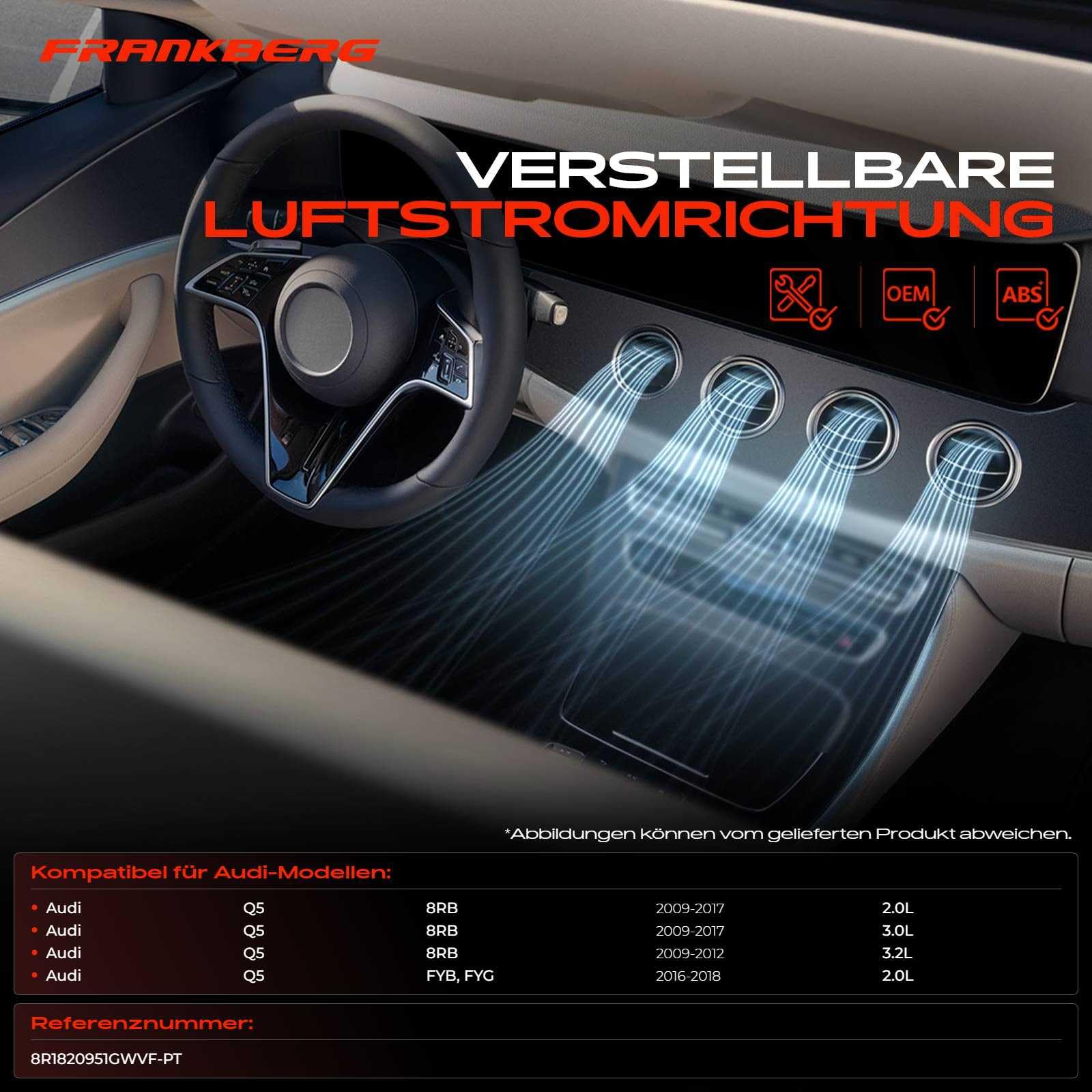 Frankberg Lüftungsdüse Luftauslassdüsen Vorne Mitte Kompatibel mit Q5 8RB SUV 2008-2017 Q5 FYB FYG SUV 2016-2018 Replace# 8R1820951GWVF-PT