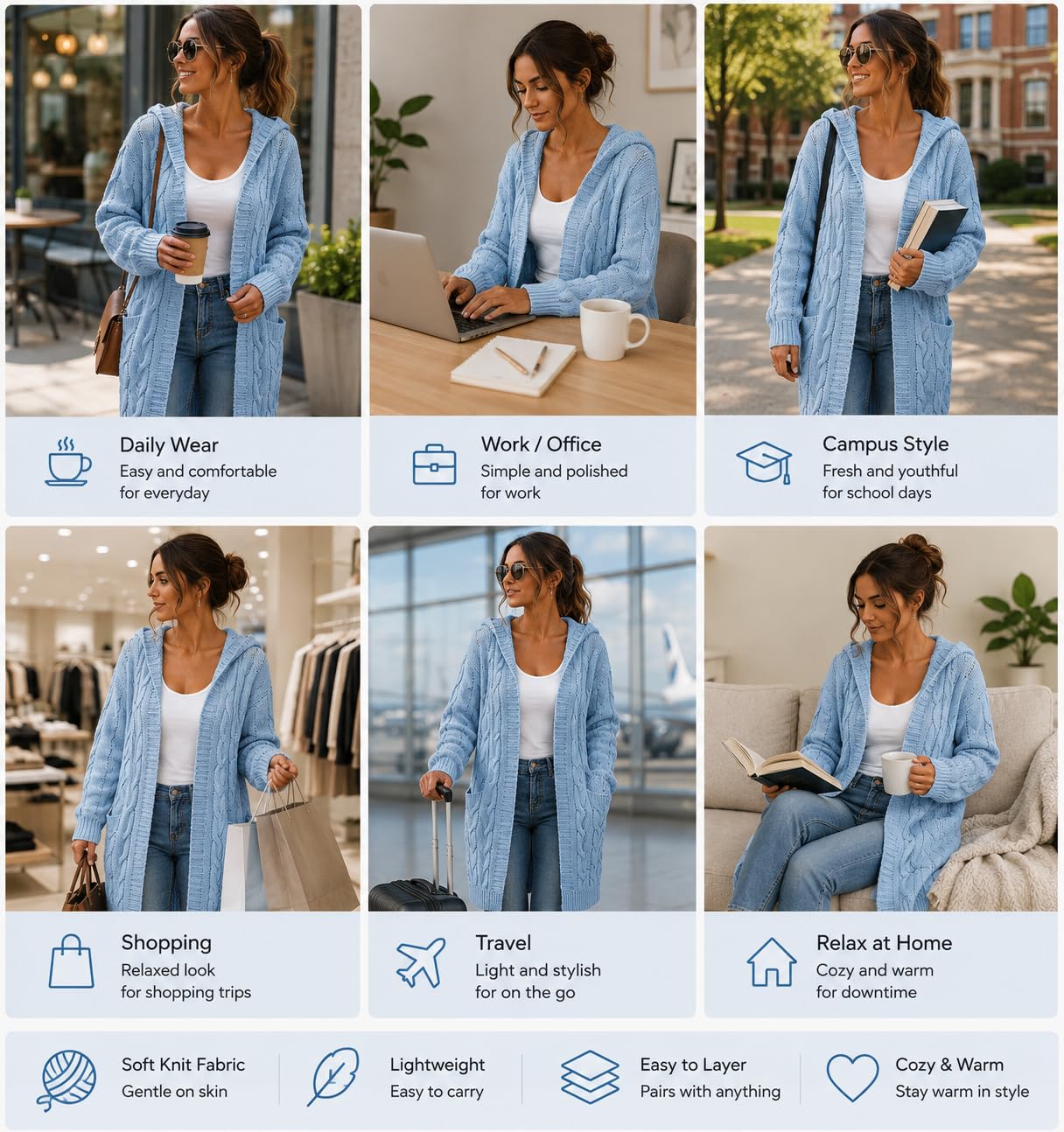 Gilet Long À Capuche pour Femme avec Poches en Grosse Maille Manches Longues Élégant Idéal pour L'Automne et l'hiver Veste De Transition Décontractée Au Quotidien Rose Poudré Taille 3XL