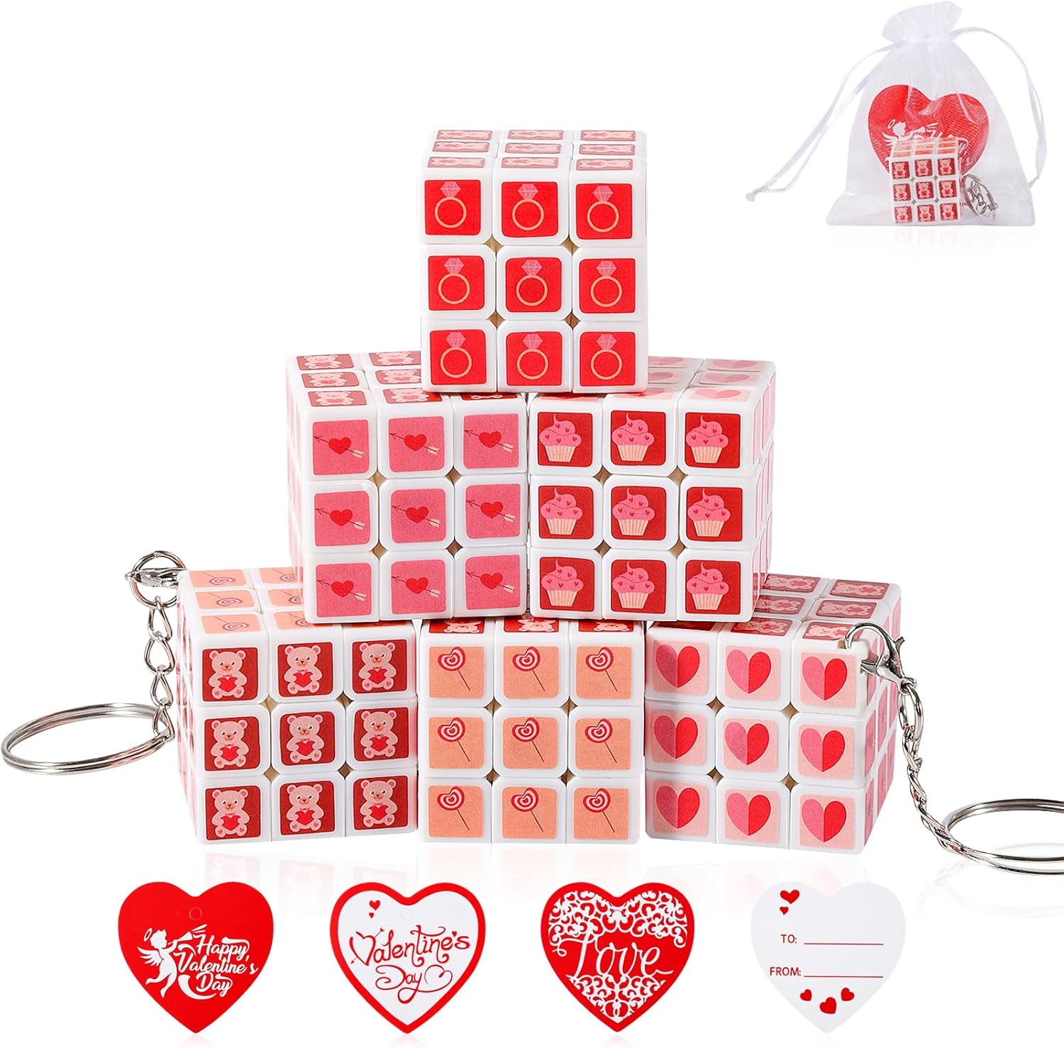 24 Pack Valentine's Day Mini Cube Puzzle Set with Keychain, Cards & Organza Bags - 1.18 Inch Heart Themed Bulk Classroom Gifts, Valentines Party Favors, Goodie Bag Stuffers for Kids Boys Girls