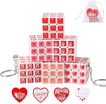24 Pack Valentines Day Mini Cube Puzzle Set with Keychain, Cards & Organza Bags - 1.18 Inch Heart Themed Bulk Classroom Gifts, Valentines Party Favors, Goodie Bag Stuffers for Kids Boys Girls