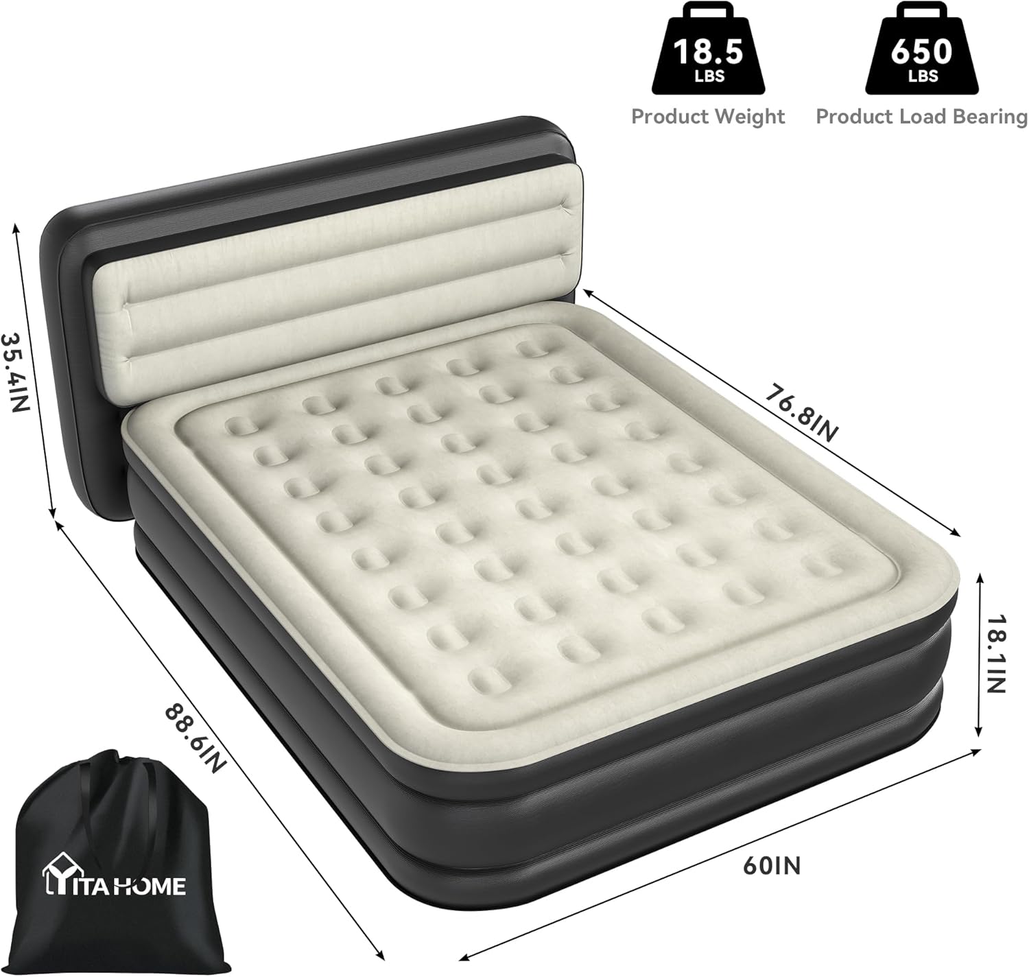 YITAHOME 18'' Flocked Top Queen Air Mattress with Pump and Banded Headboard, Durable Inflatable Bed, Blow-Up Mattress for Indoor and Outdoor Use, Black