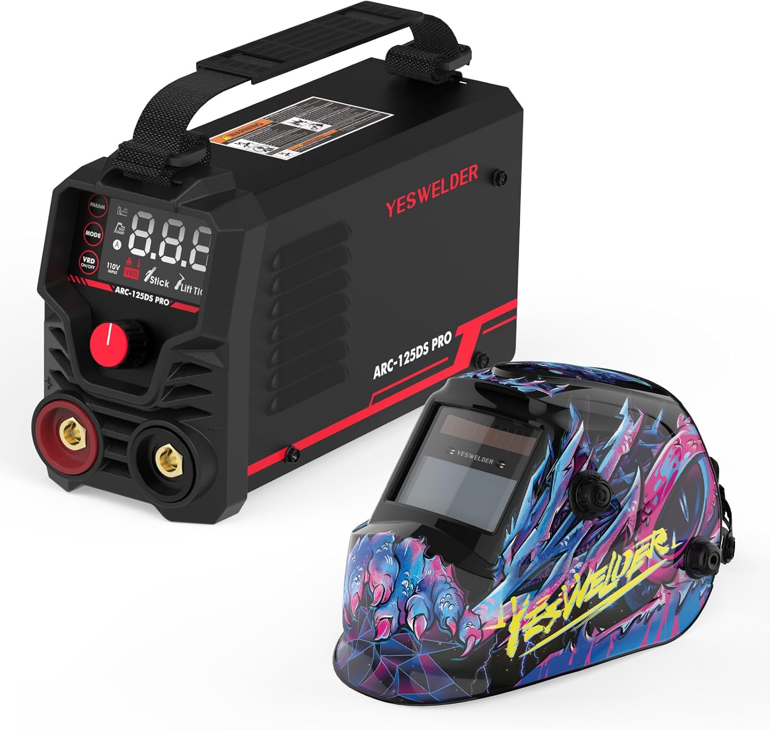 YESWELDER 125Amp Mini Stick Welder Large LED Display IGBT ARC Welding Machine & True Color Solar Powered Auto Darkening Welding Helmet
