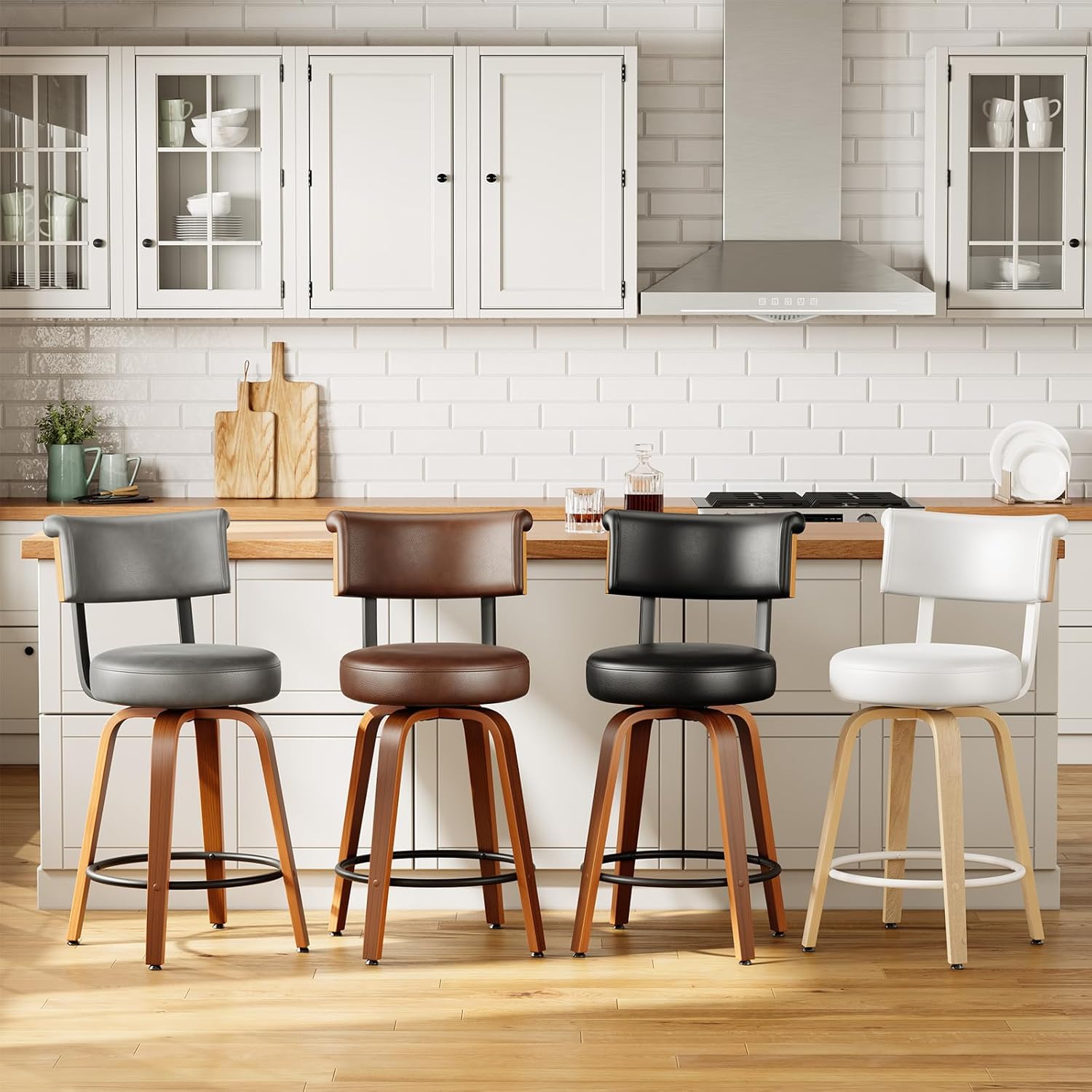 Swivel Counter Height Bar Stools Set of 2, 26" Upholstered Bonded Leather Barstools with Back, Mid Century Modern Bar Chairs with Bent Wood Legs & Supportive Back for Kitchen Counter, Black, 2Pcs