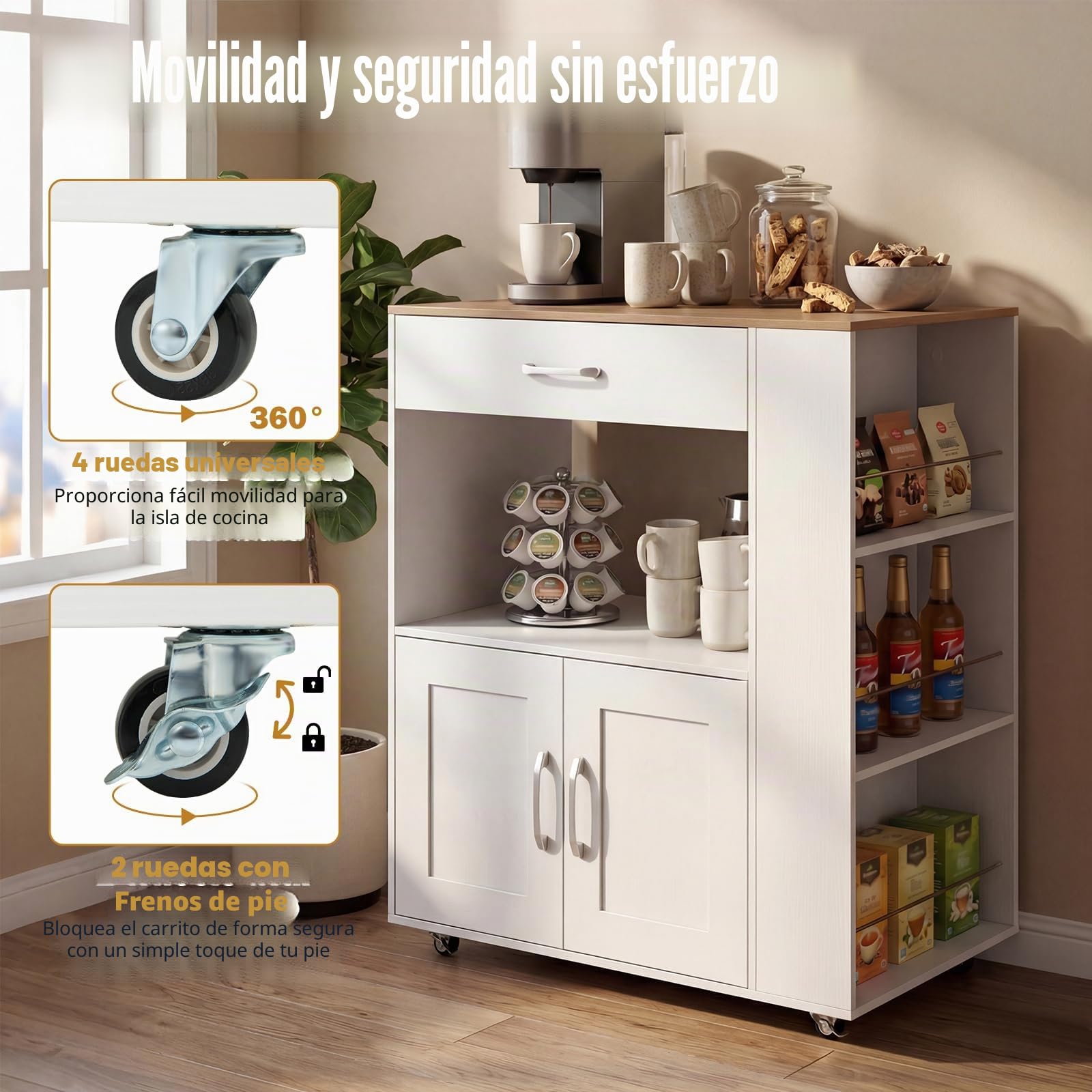 GIANTEX Carro de Cocina con Cajón, Isla de Cocina de Madera con Ruedas, con 1 Cajón, 2 Puertas y 3 Estantes Laterales, Mueble Auxiliar de Almacenamiento para Comedor, 75 x 46 x 90,5 cm (Blanco)