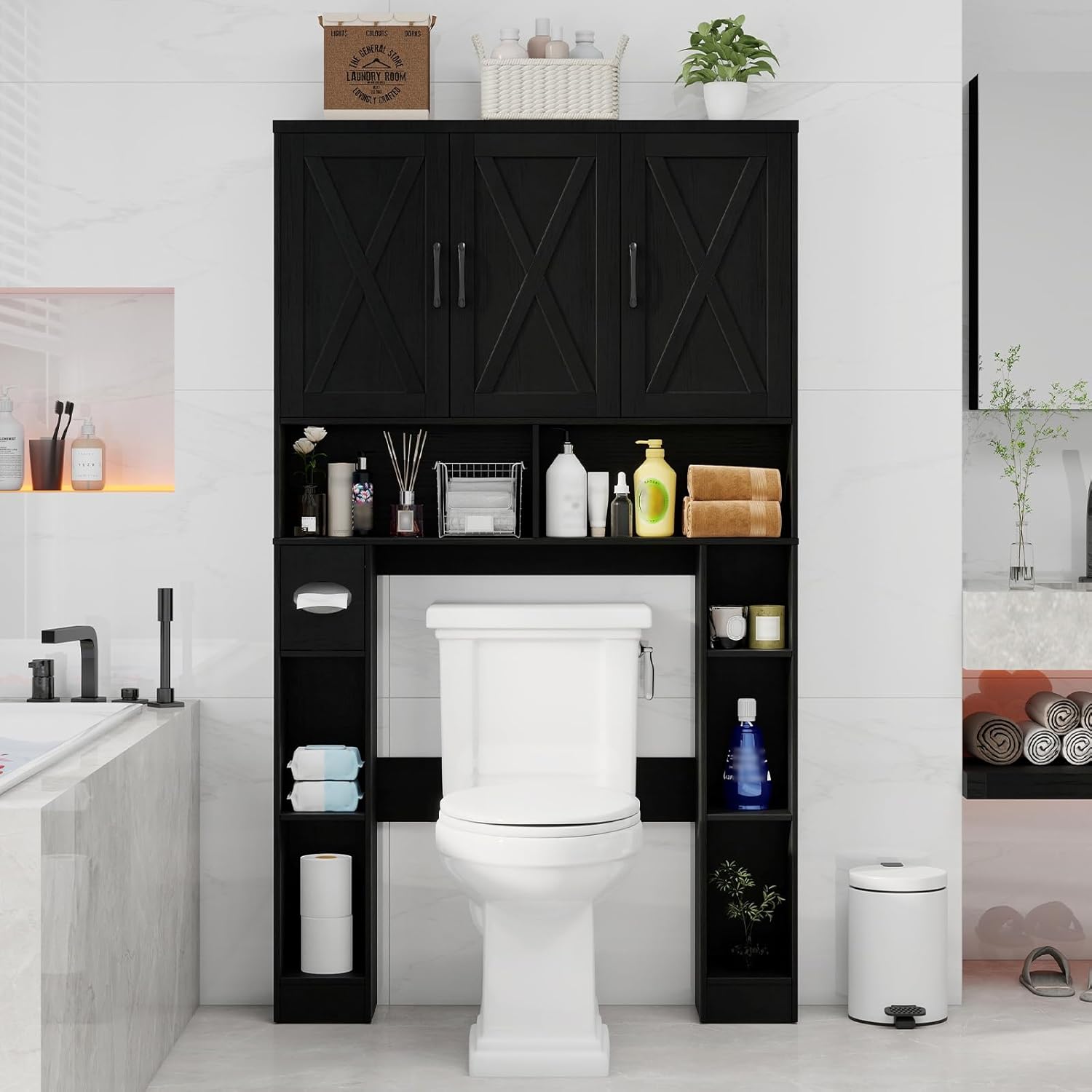 Over The Toilet Storage Cabinet, Farmhouse Toilet Cabinet Rack with 3 Barn Doors, Space Saving Bathroom Organizer with Shelves, Toilet Paper Holder and Towel Rack for Bathroom,Restroom,Laundry, Black.