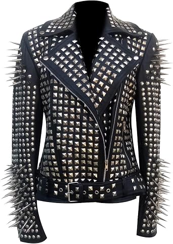 SKY-SELLER Womens Metal Spikes Brando Motorcycle Slim Fit Genuine Leather Coat - Biker Black Studded Leather Jacket