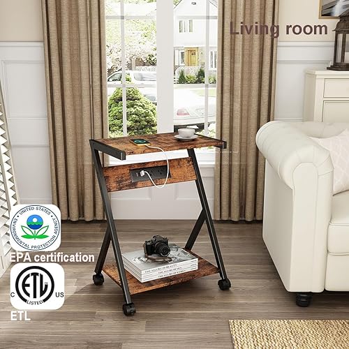 Miniatura 4 de MLBZ77RE - Mesa auxiliar en forma de C con estación de carga, soporte de impresora, mesita de noche, mesa de sofá, marco de metal con ruedas