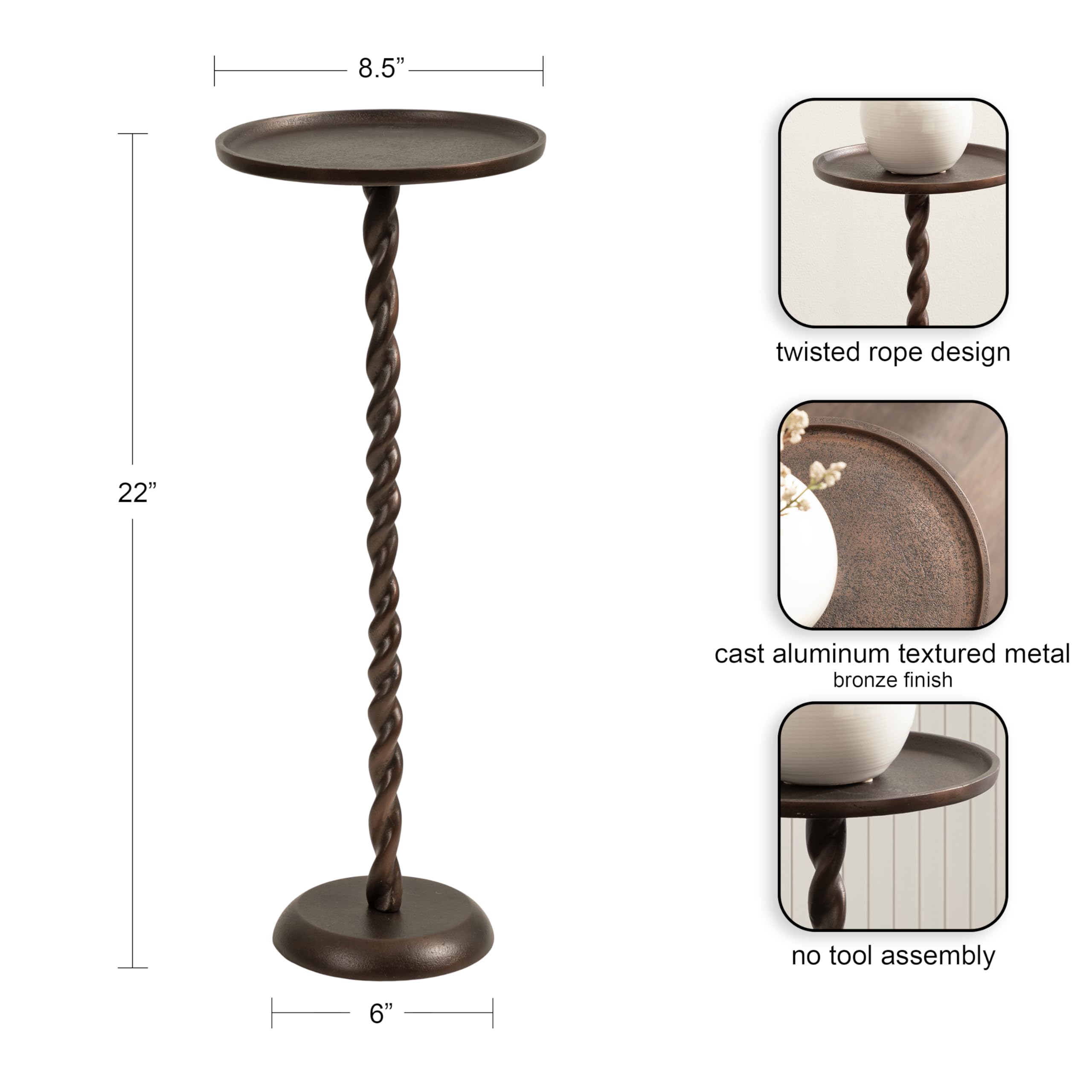 Kate and Laurel Ropa Transitional Round Pedestal Drink Table, 9 x 9 x 22, Bronze, Decorative Cast Aluminum Mini Table with Spiral Rope Design for Use as Indoor Plant Stand or Living Room Accent