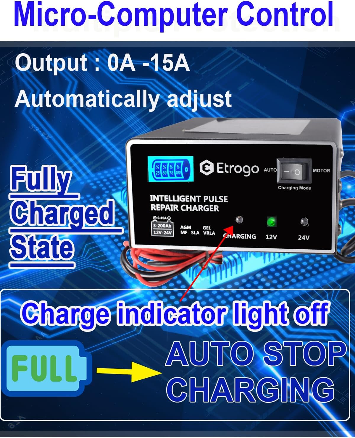 Charger display showing the 'Fully Charged State' with charging indicator off