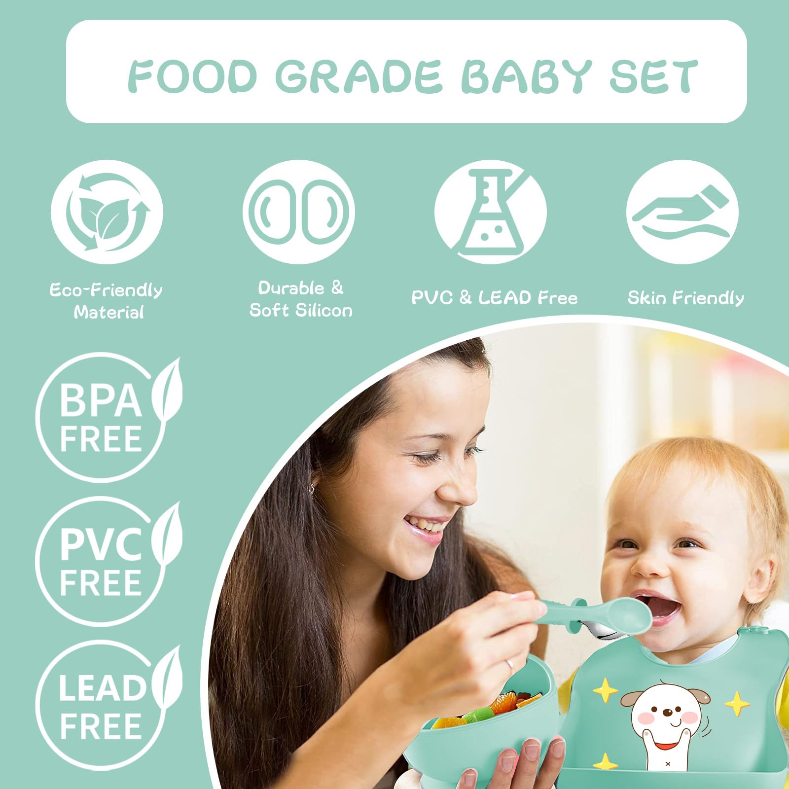 12 Pezzi Set Pappa Svezzamento, Svezzamento Set Silicone Piatto,Set Pappa per Bambino,Set di Posate per Bambini Antiscivolo con Ventosa Piatto Ciotola Tazza Bavaglino Cucchiaio Forchetta (Menta)