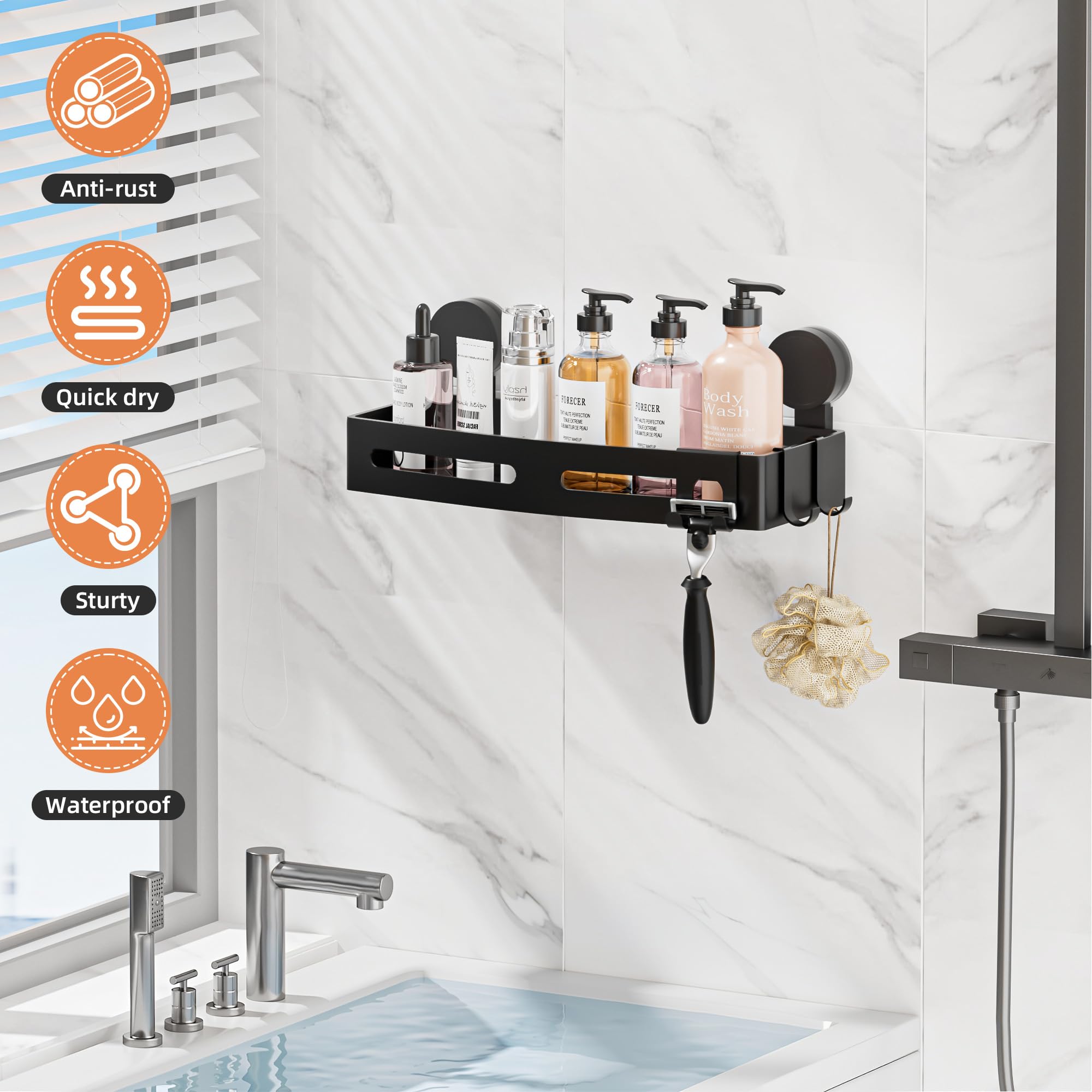 Wisfame Duschablage Saugnapf, Duschregal Ohne Bohren, 10kg Tragfähigkeit Duschregel Shampoo Halterung für badregal saugnapf, Abnehmbare und Rostfreie Aluminium Dusche Organizer, Schwarz-32cm