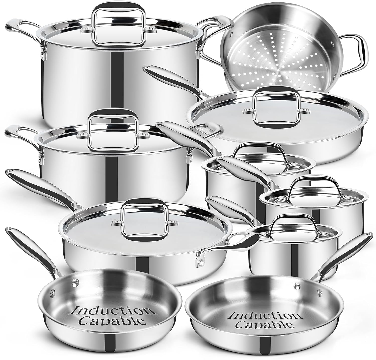EWFEN Stainless Steel Cookware Set, 3 Ply 17 Piece Stainless Steel Pot and Pan Set, Oven Dishwasher Safe | Induction Compatible Frying Pans, Saucepans, Saute Pan & Stock Pot, PFOA, PTFE & PFOS Free