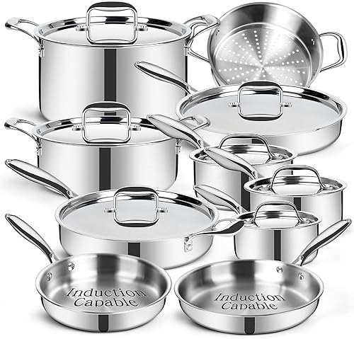 EWFEN Juego de utensilios de cocina de acero inoxidable, juego de ollas y sartenes de 17 piezas de 3 capas de acero inoxidable, seguro para horno y