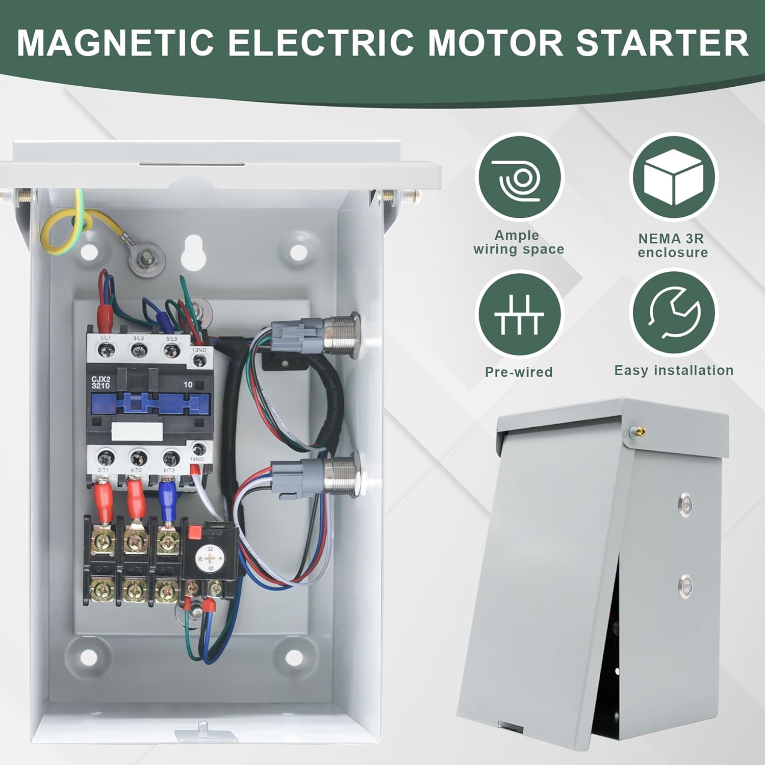 10 Hp Single Phase Magnetic Motor Starter, 220-240V 7.6kW 20-32 Amp Magnetic Switch for Motors, Ample Wiring Space NEMA 3R Rated Motor Starters for Indoor/Outdoor Use (Single-Phase 32A)