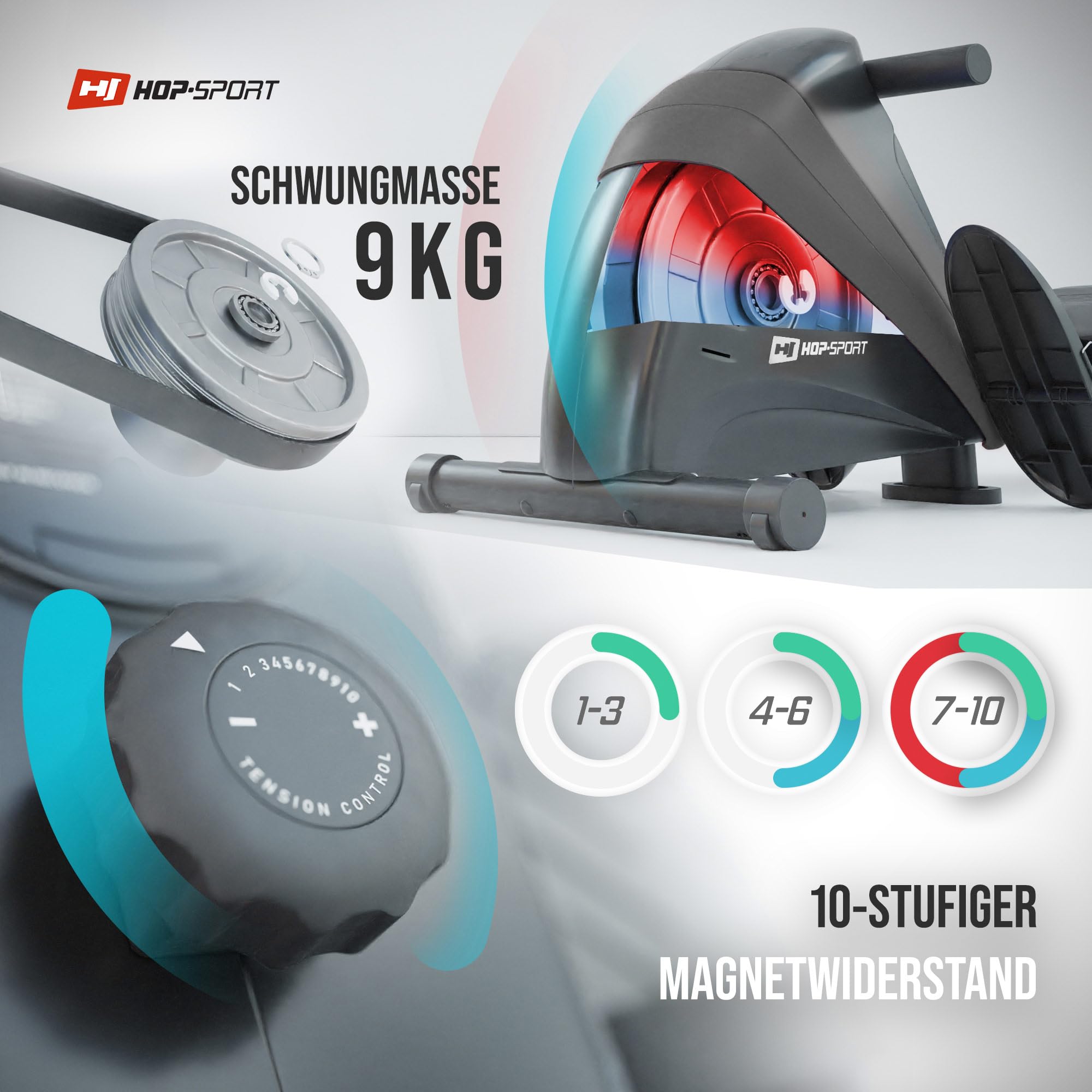 Hop-Sport Rudergerät Boost, Magnetbremssystem, LCD Display, 10 Widerstandsstufen, Klappbar, Cardiogeräte für Zuhause, Ideal für Ganzkörpertraining, 120 kg Max. Belastbarkeit