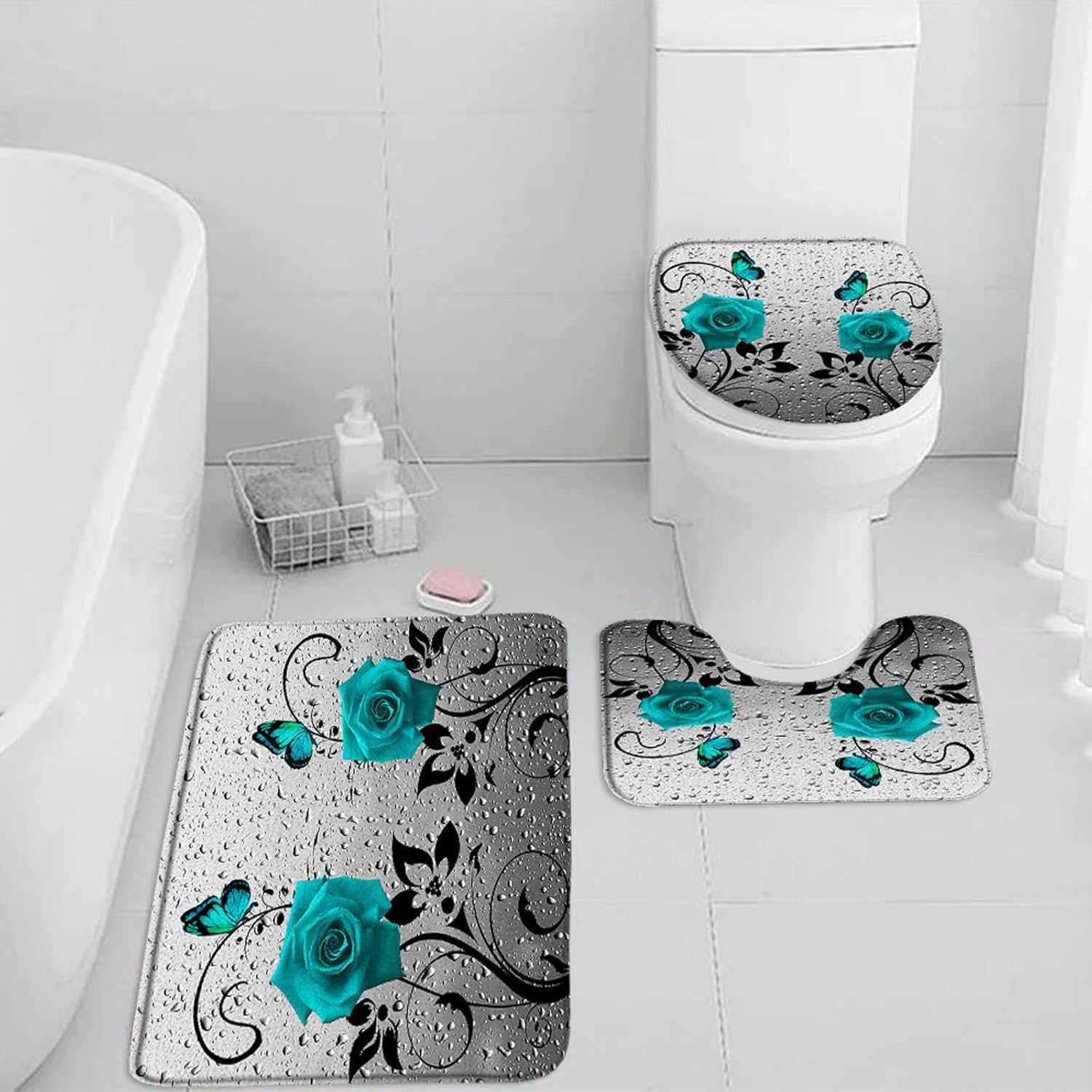 3 Pieces Set Turquoise Rose Flower Butterfly Bath Mat Rustic Blue Green Floral Plant Gray Modern Realistic Water Drop Creative Abstract Bathroom Rugs Toilet Lid Cover Pedestal Rug U-Shaped Carpet