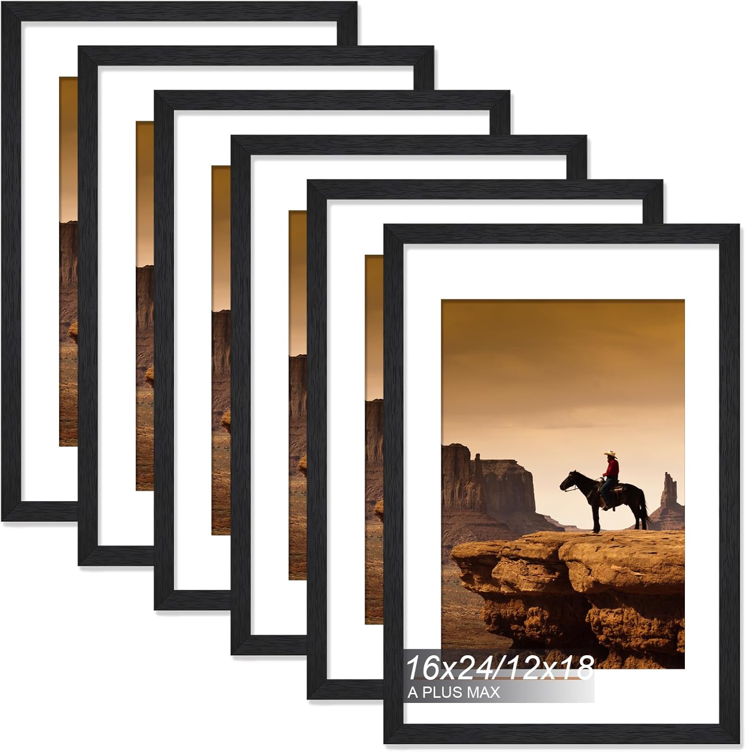 A PLUS MAX 16x24 Picture Frame Set of 6, Engineered Wood Frame Display Photo 12x18 with Mat or 16 x 24 without Mat, 16by24 Frame with Black Wood Grain for Wall - 6 Pack/Black/16 x24 6 16x24