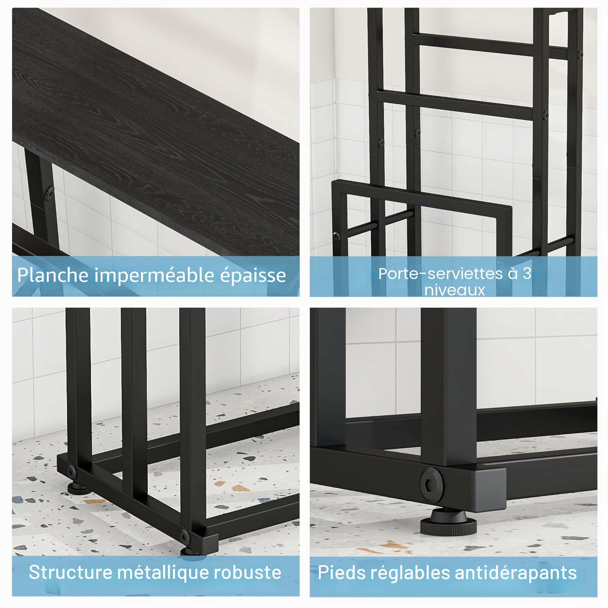 Porte-Serviettes Autonome pour Salle de Bain, 3 Niveaux en métal, Support d'échelle, séchage et présentoir avec étagère pour Chambre à Coucher, Salon, Noir