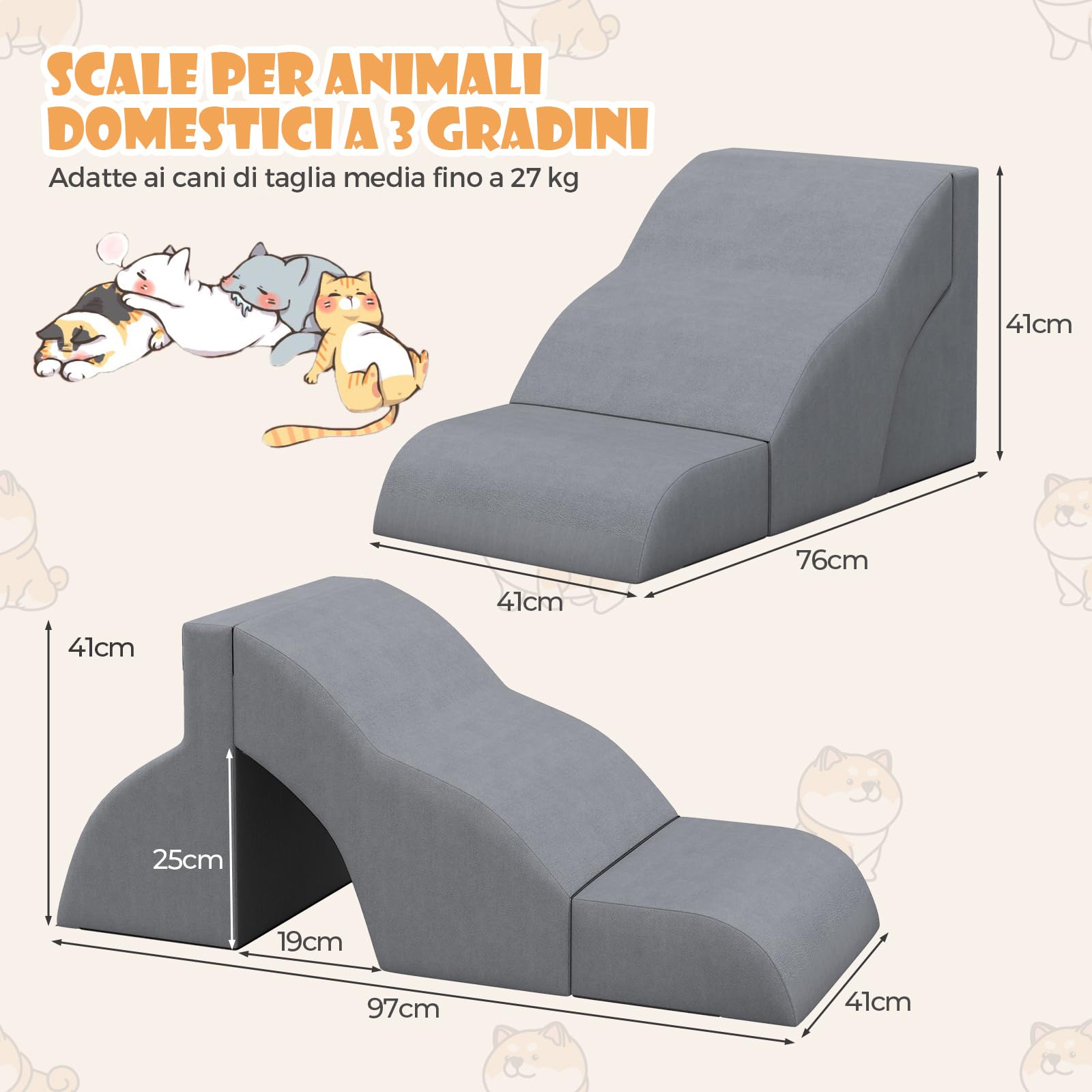 COSTWAY Scale per Cani in Schiuma a 3 Livelli, Rampe Scale per Animali 2 in 1 per Letti e Divani, Gradini per Animali Infortunati e Anziani con Base Antiscivolo, Copertura Lavabile e Rullo Adesivo