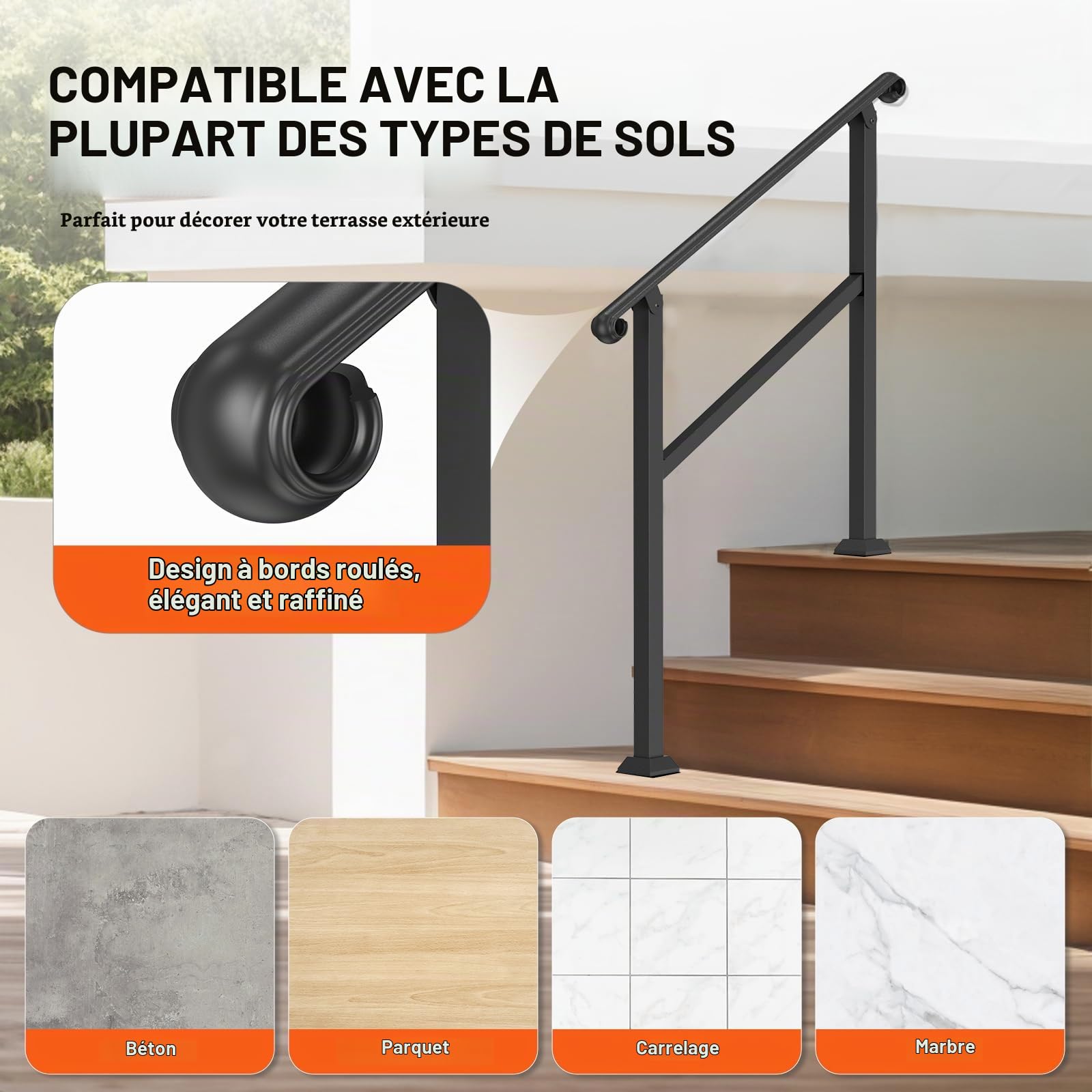 VEVOR Rampe d'Escalier pour 2-3 Marches Extérieures Main Courante Escalier avec Kit d'Installation, 1 Barre Transversale, Garde Corps Intérieur pour Personnes Âgées, Porche, Terrasse, Maison, Noir