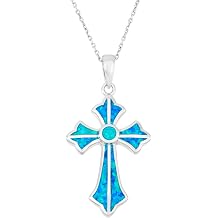 Sterling Silver Created Opal Cross Necklace for Women | Simulated Blue Opal Cross Pendant | 18 inch Cross Necklace