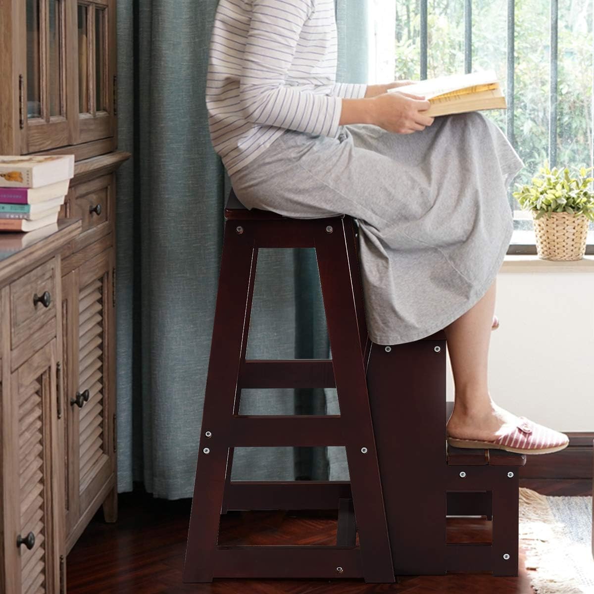 GOPLUS Escalera Taburete Plegable de Madera de Pino de 3 peldaños