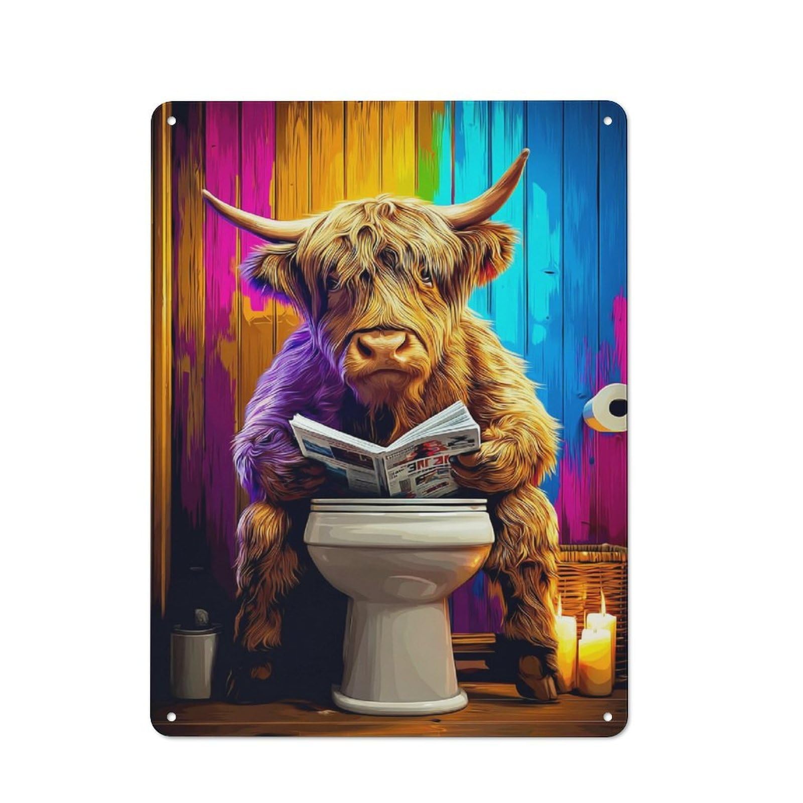 Vintage Highland Cow Reading Newspaper on Toilet Metal Gift Sign 40x30cm, Novelty Wall Art for Hallway, Home Bar, Garage Or Study