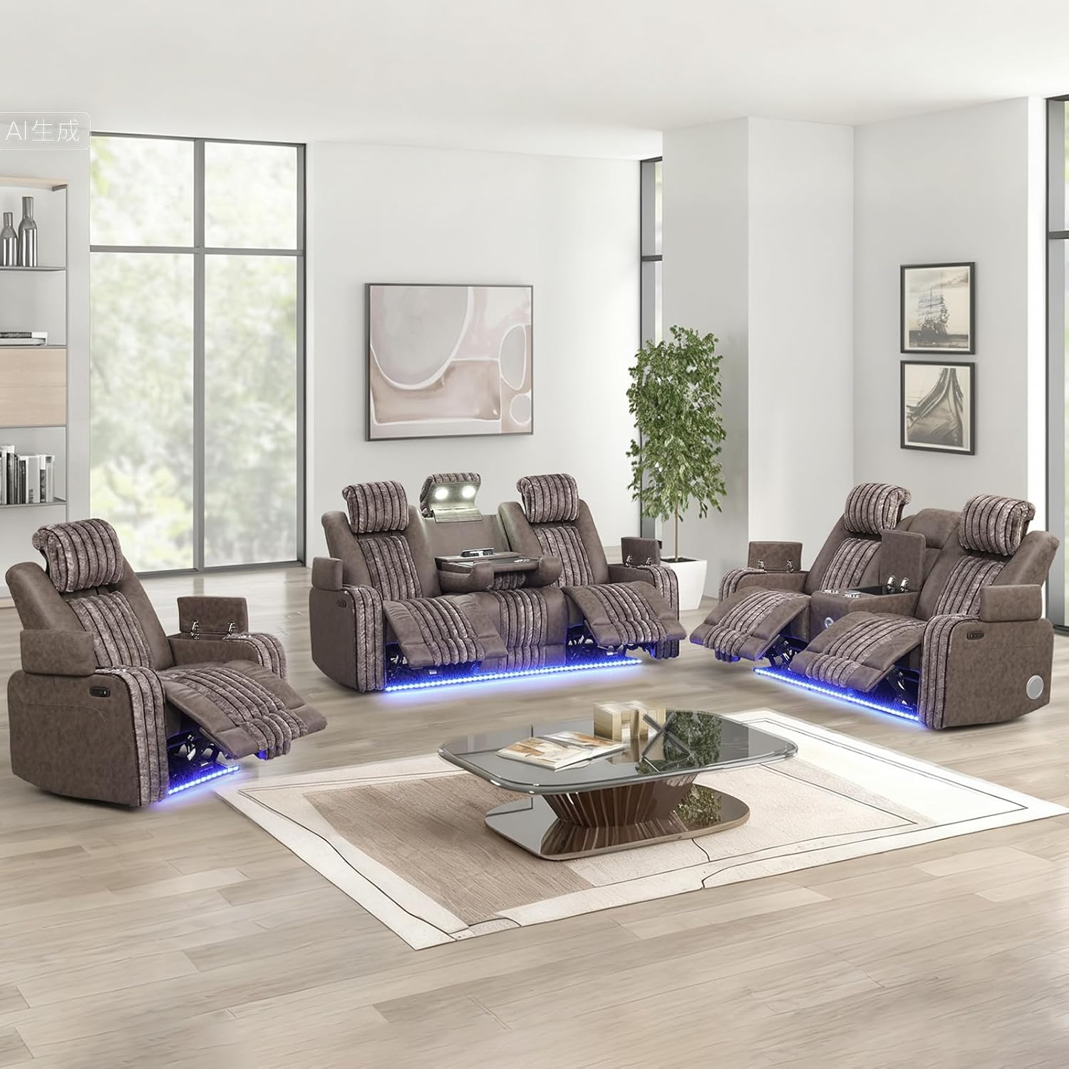 Power Reclining Sofa Set with LED Lights, Loveseat & Recliner Couch Set with Power Headrests & Console, Cup Holder, Drop-Down Table, Bluetooth Speaker & Reading Light for Living Room, 3PCS, Brown