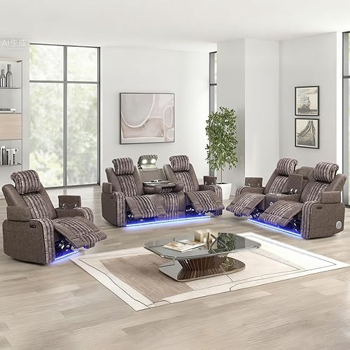 Miniatura 16 de Juego de sofá reclinable eléctrico con luces LED, juego de sofá biplaza y sillón reclinable con reposacabezas y consola eléctrica, soporte para