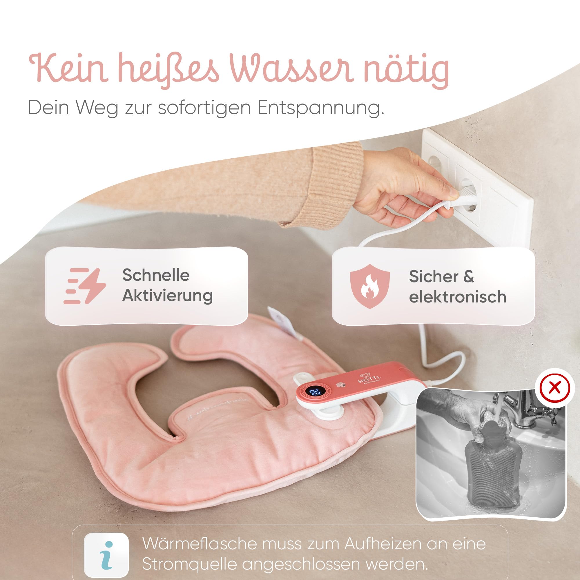 Elektrischer Nackenwärmer ohne Wasserbefüllung | Wärmeflasche für Nacken, Rücken & Schulter – schnelle Wärme auf Knopfdruck, sicher & flexibel | HOTTL (Cherry blossom pink)