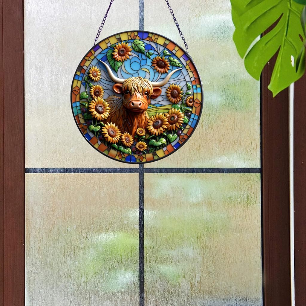 HOTIYOK Cow Sunflower Stained Glass Window Hanging Wall Art with Butterflies Glass Suncatcher for Indoor Kitchen Decorations, Gifts for Women Grandma Teacher Animal Lovers