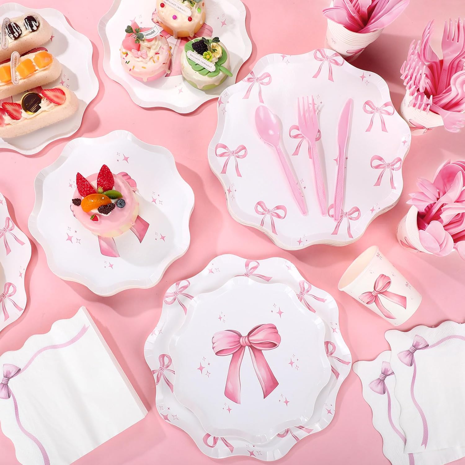 350 Pcs Bow Pink Party Supplies Tableware Set Disposable 9'' 7'' Paper Plates 9 oz Cups Cutlery Napkins Dinnerware Set for 1st Birthday, Serve 50 (Bow, Pink)
