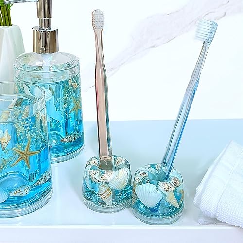 Miniatura 6 de FONMY Mini soporte para cepillos de dientes, acrílico con concha de mar natural, hecho a mano, organizador para encimeras de tocador de baño,