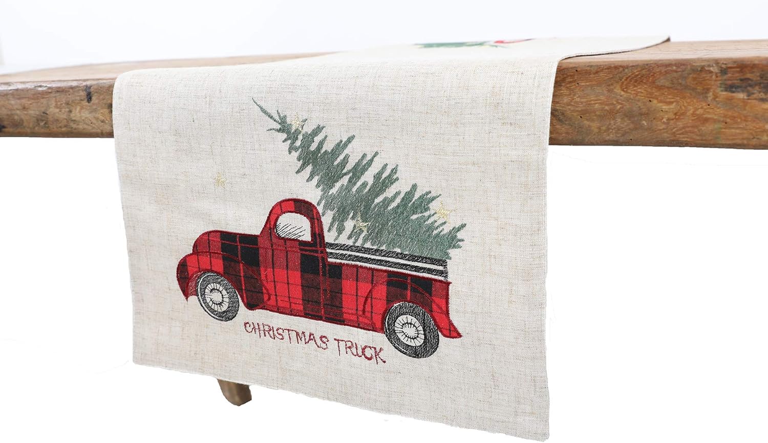 Manor Luxe Vintage Tartan Truck with Christmas Tree Table Runner, 16"x36", Natural/Red