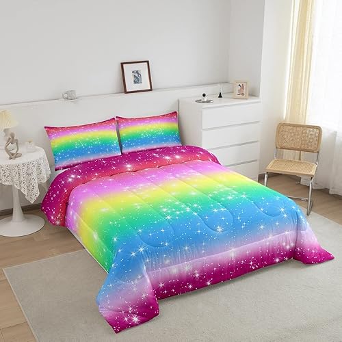Miniatura 2 de Erosebridal Juego de edredón de arco iris para niñas, juego de ropa de cama de teñido anudado con purpurina degradado para niños, adolescentes y